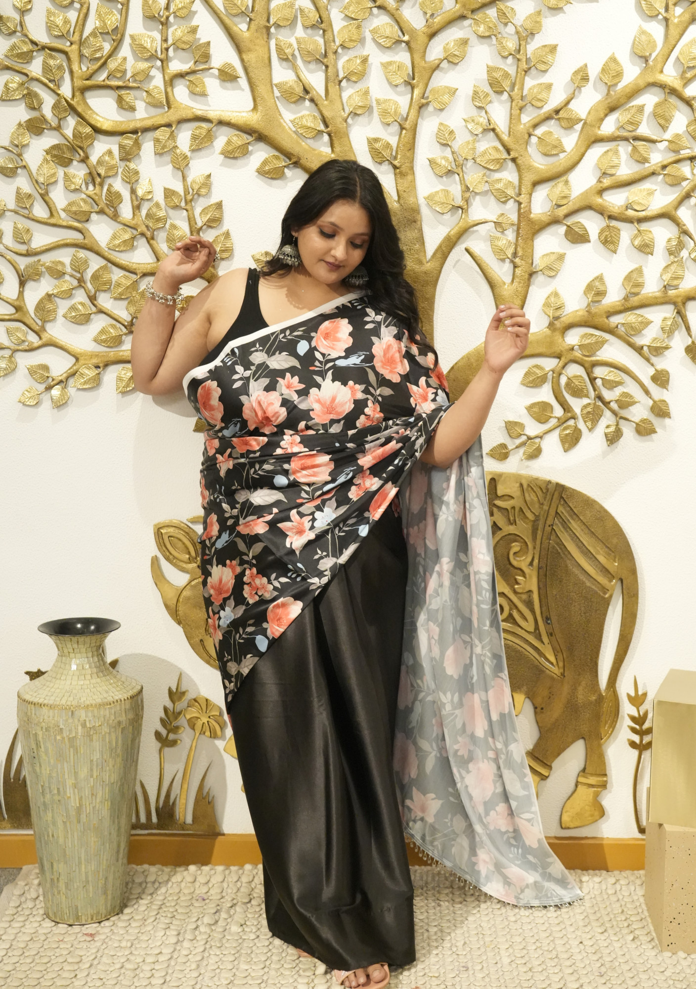 Mystic Black Floral Plus Size Satin Saree