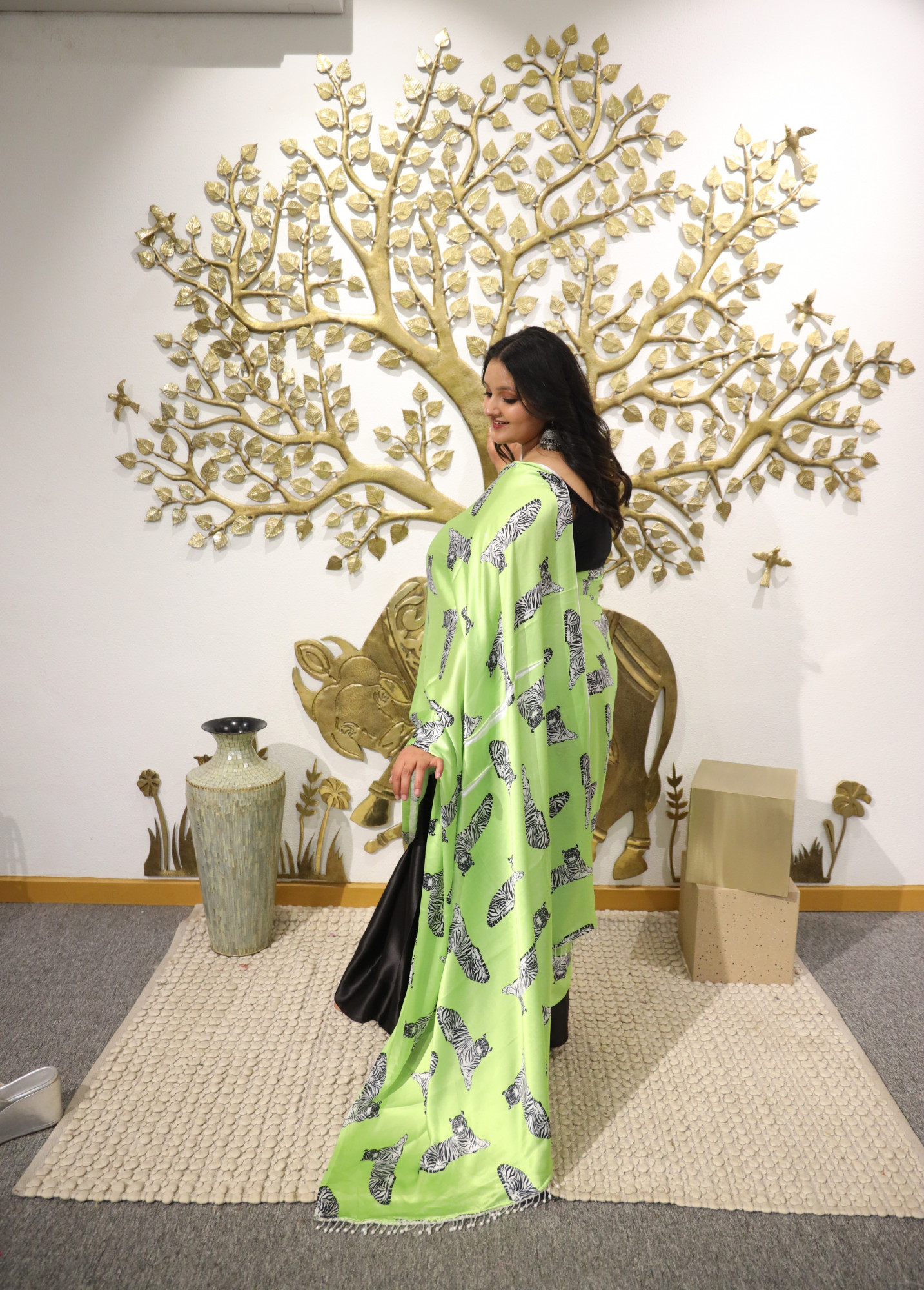 Green and Black Animal Plus Size Satin Saree
