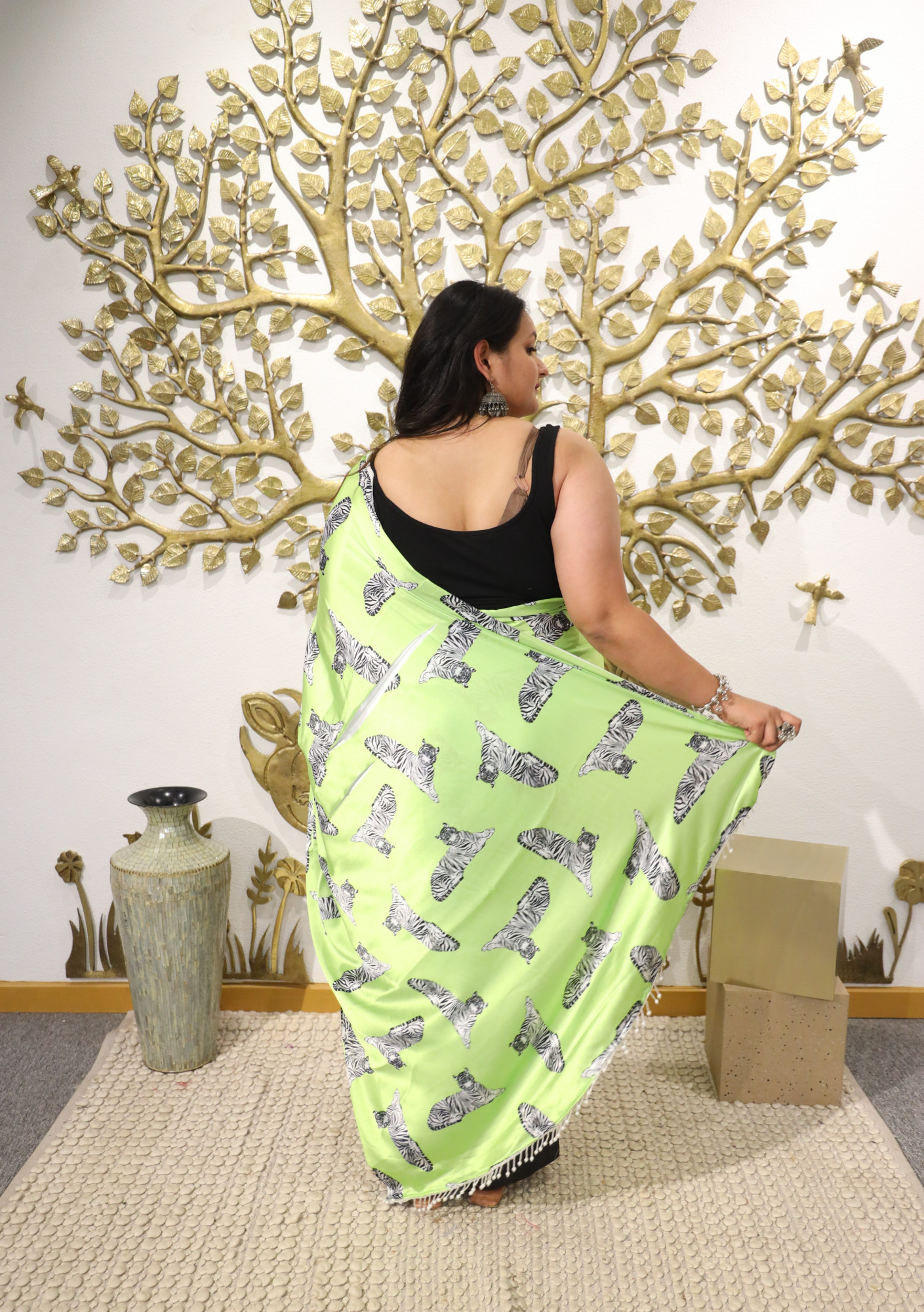 Green and Black Animal Plus Size Satin Saree
