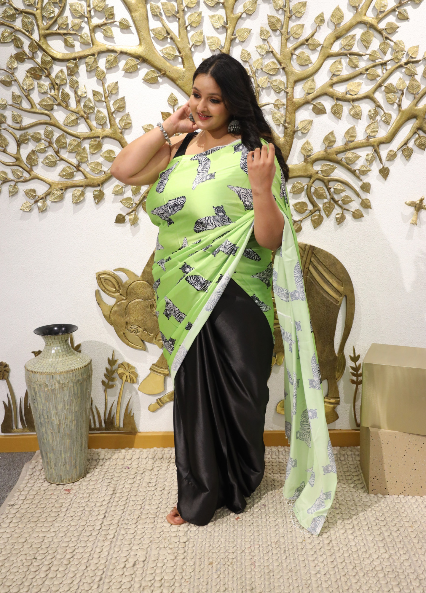 Green and Black Animal Plus Size Satin Saree