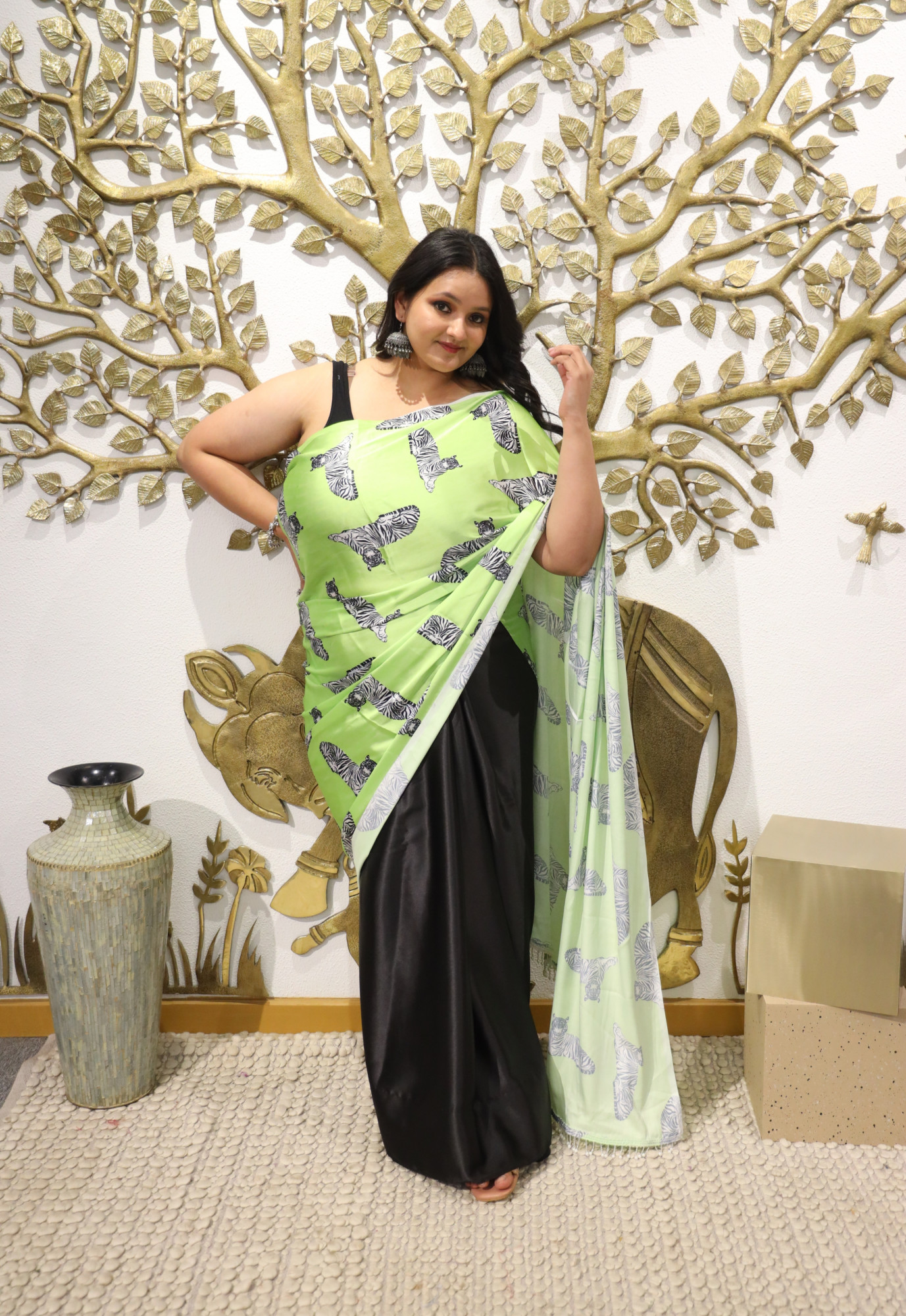 Green and Black Animal Plus Size Satin Saree