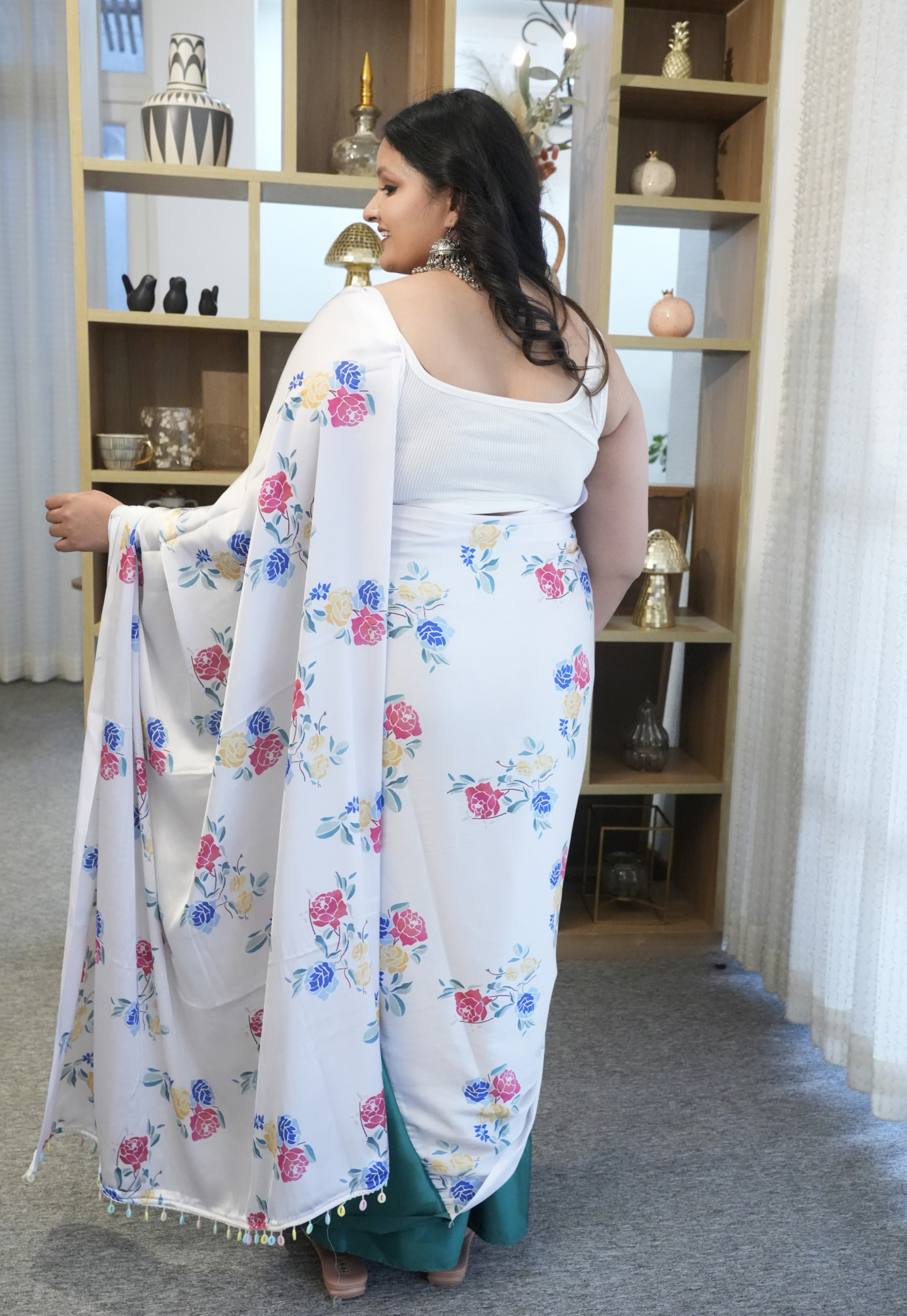 White with Colorful Roses Plus Size Satin Saree