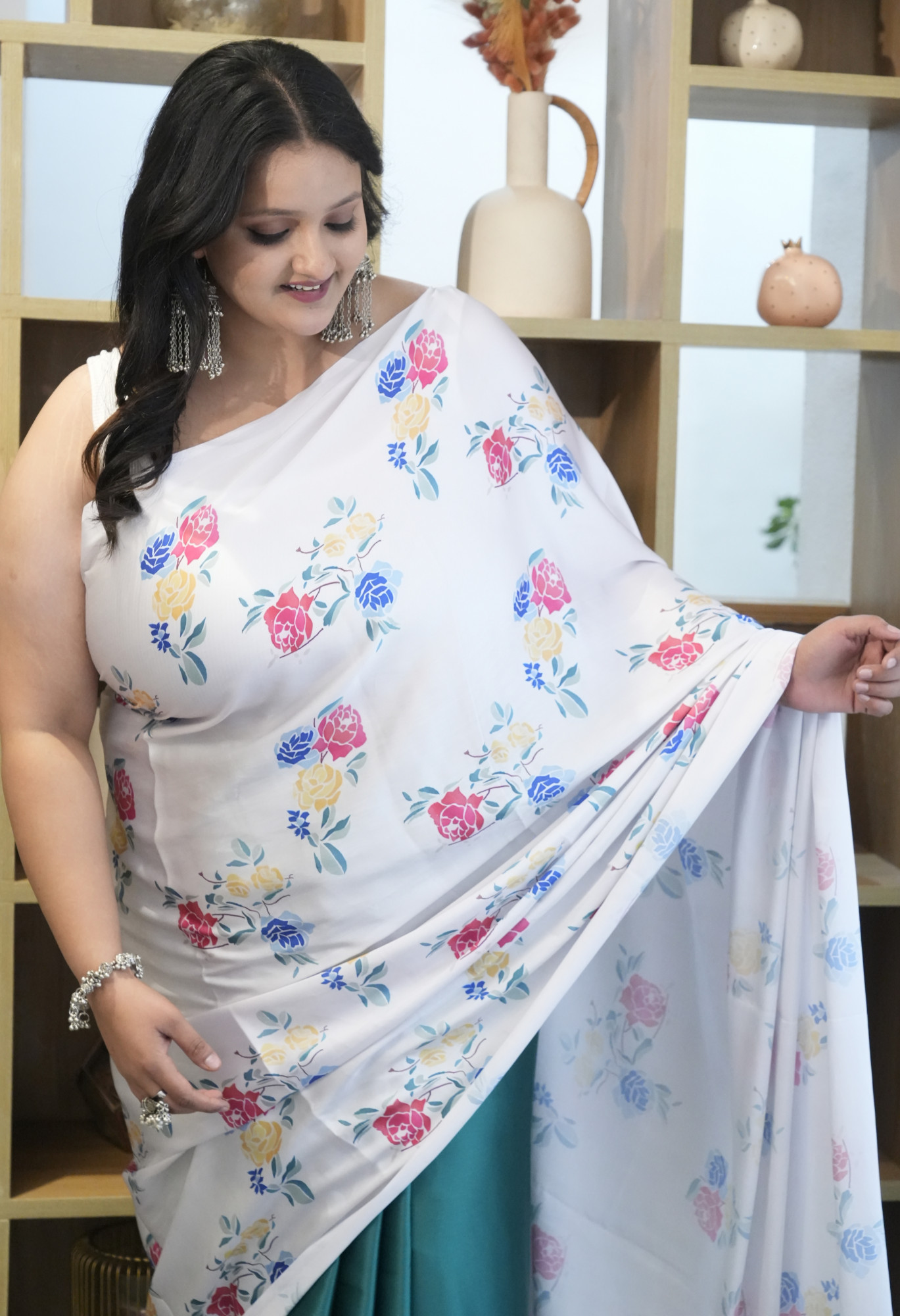 White with Colorful Roses Plus Size Satin Saree