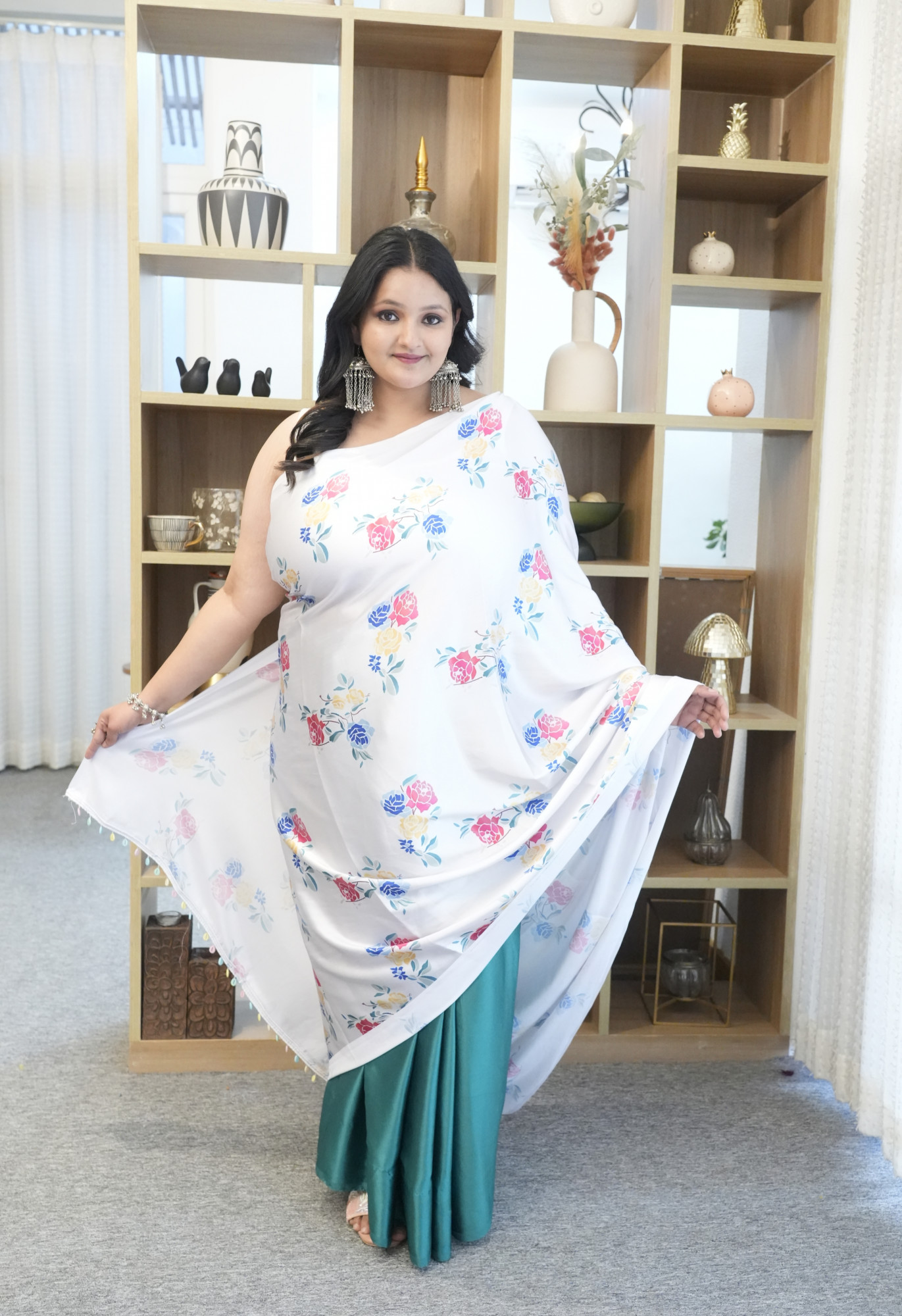 White with Colorful Roses Plus Size Satin Saree