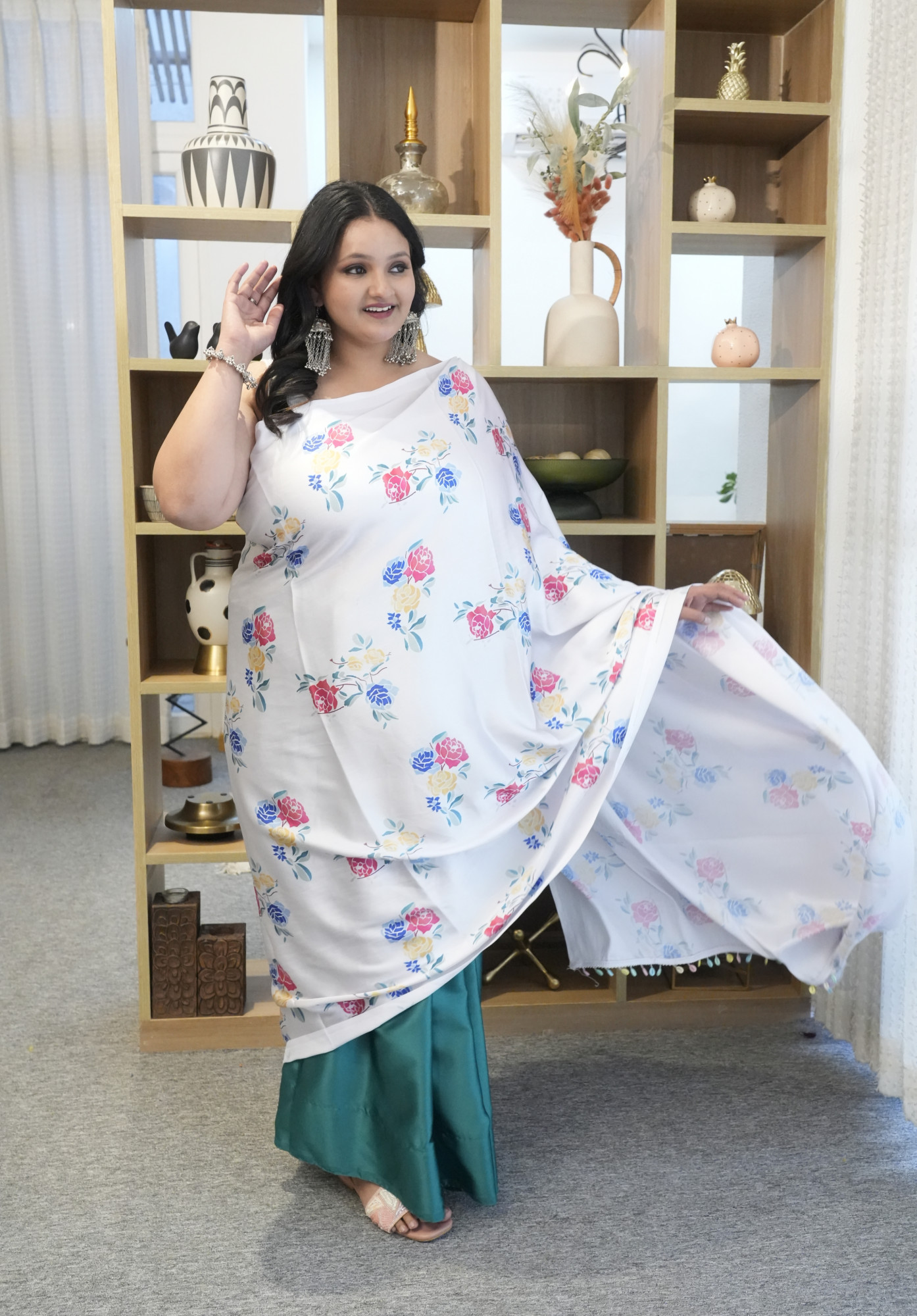 White with Colorful Roses Plus Size Satin Saree