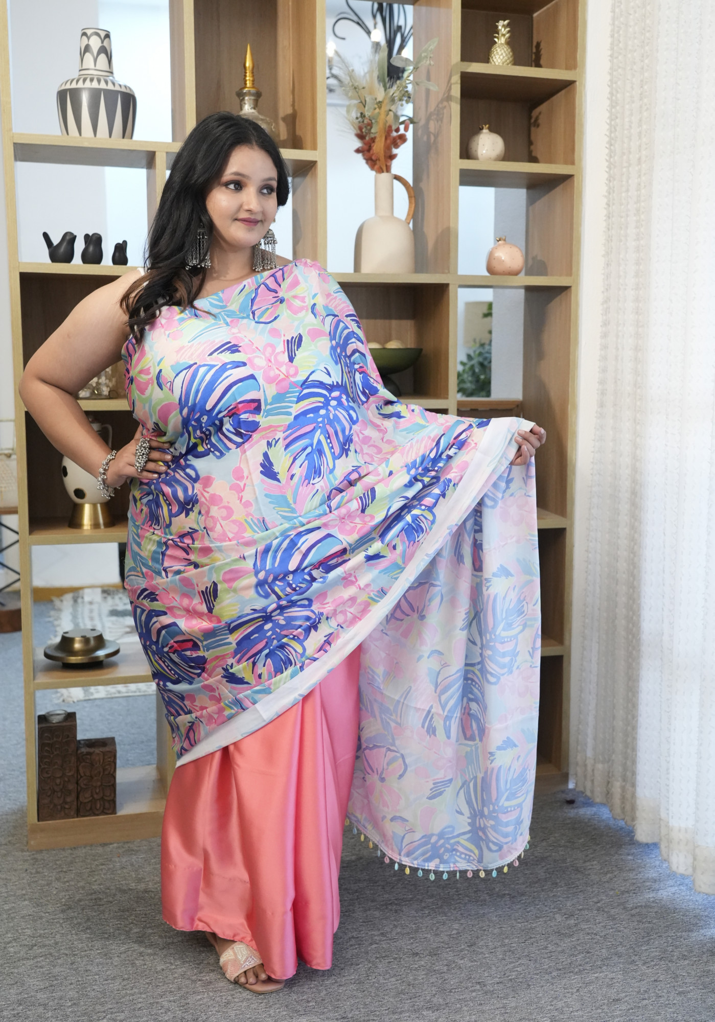 Abstract Leaf Plus Size Satin Saree