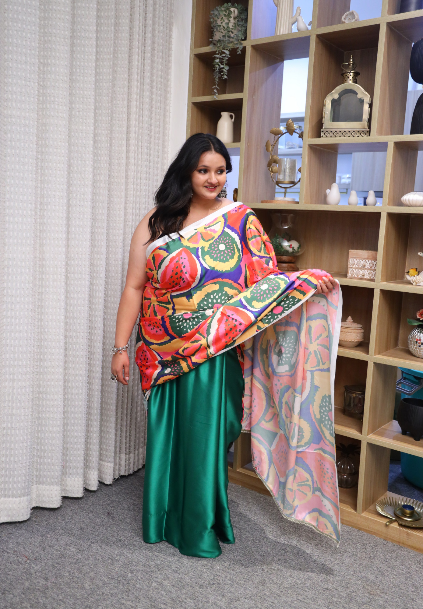 Lime Twist Plus Size Satin Saree