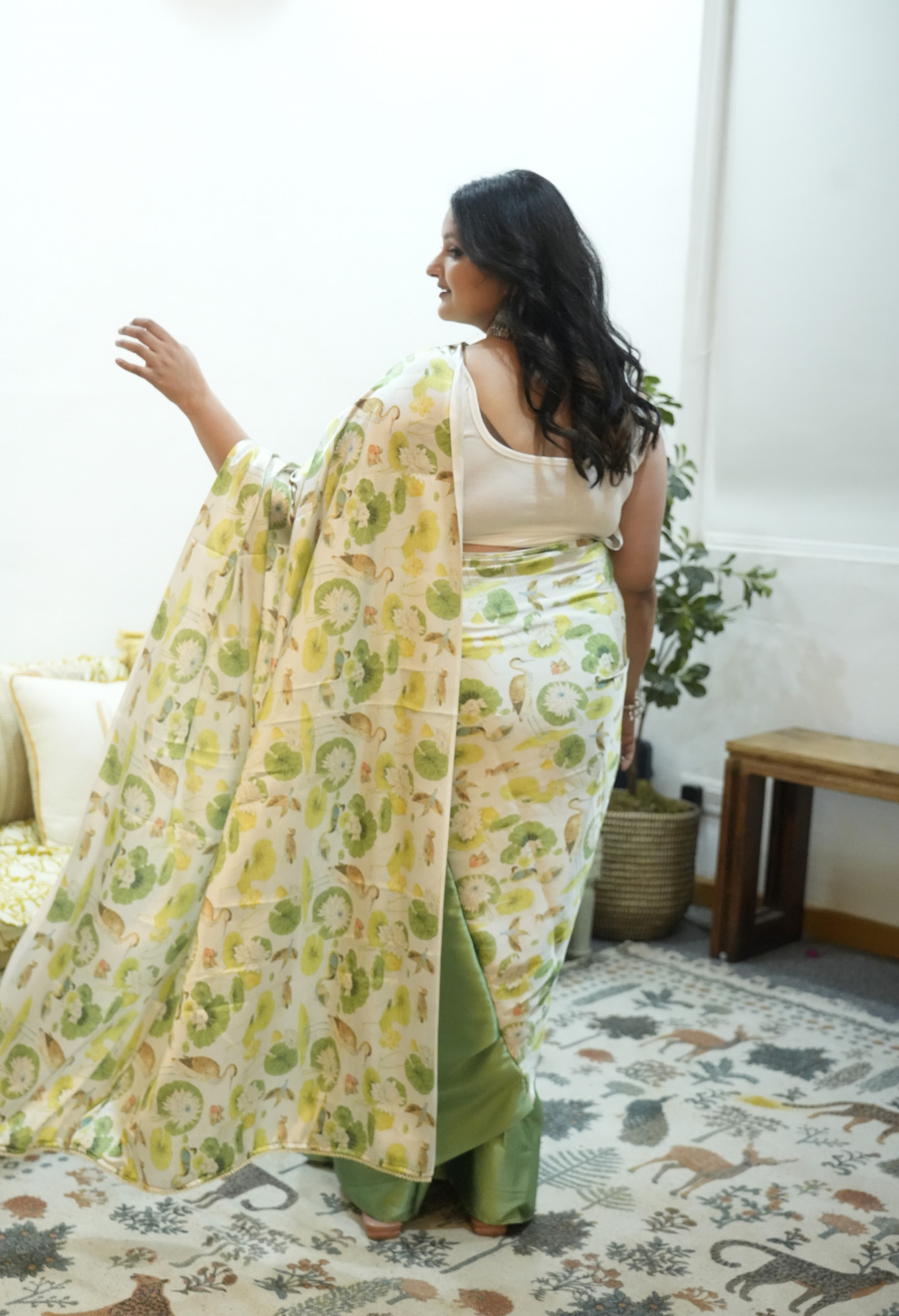 Olive Elephant Plus Size Satin Saree