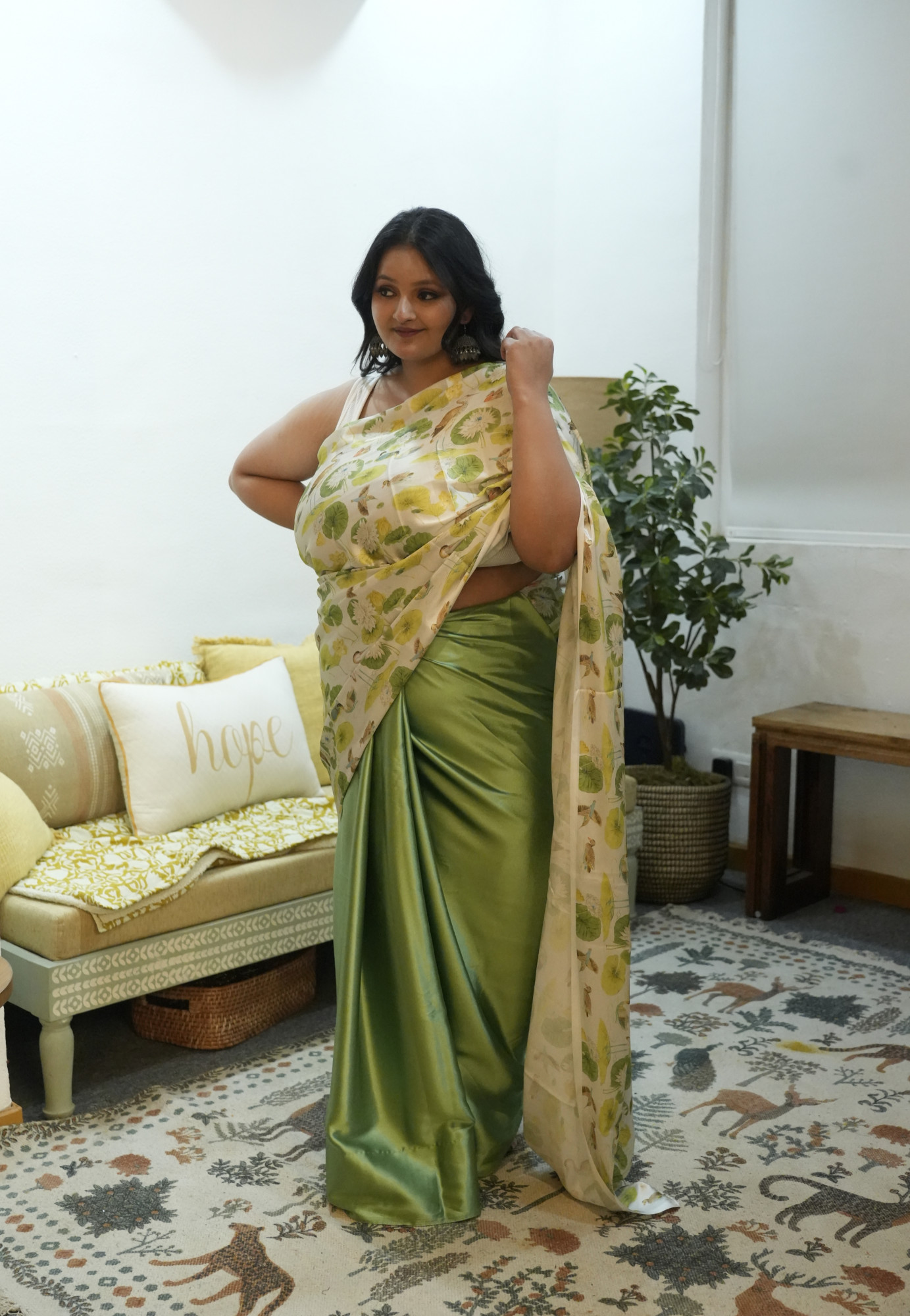 Olive Elephant Plus Size Satin Saree