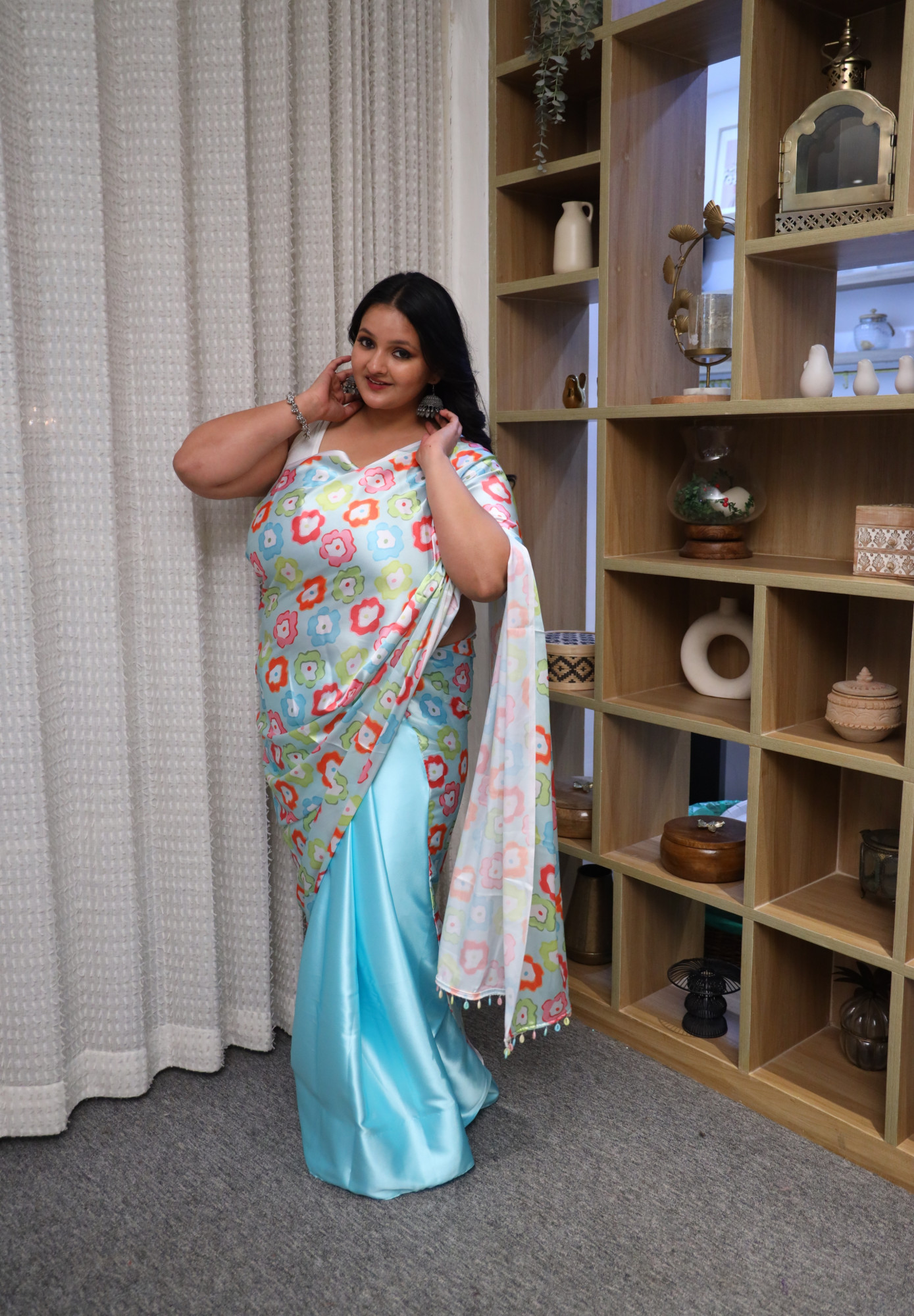 Colourful Floral Sky Blue Plus Size Satin Saree