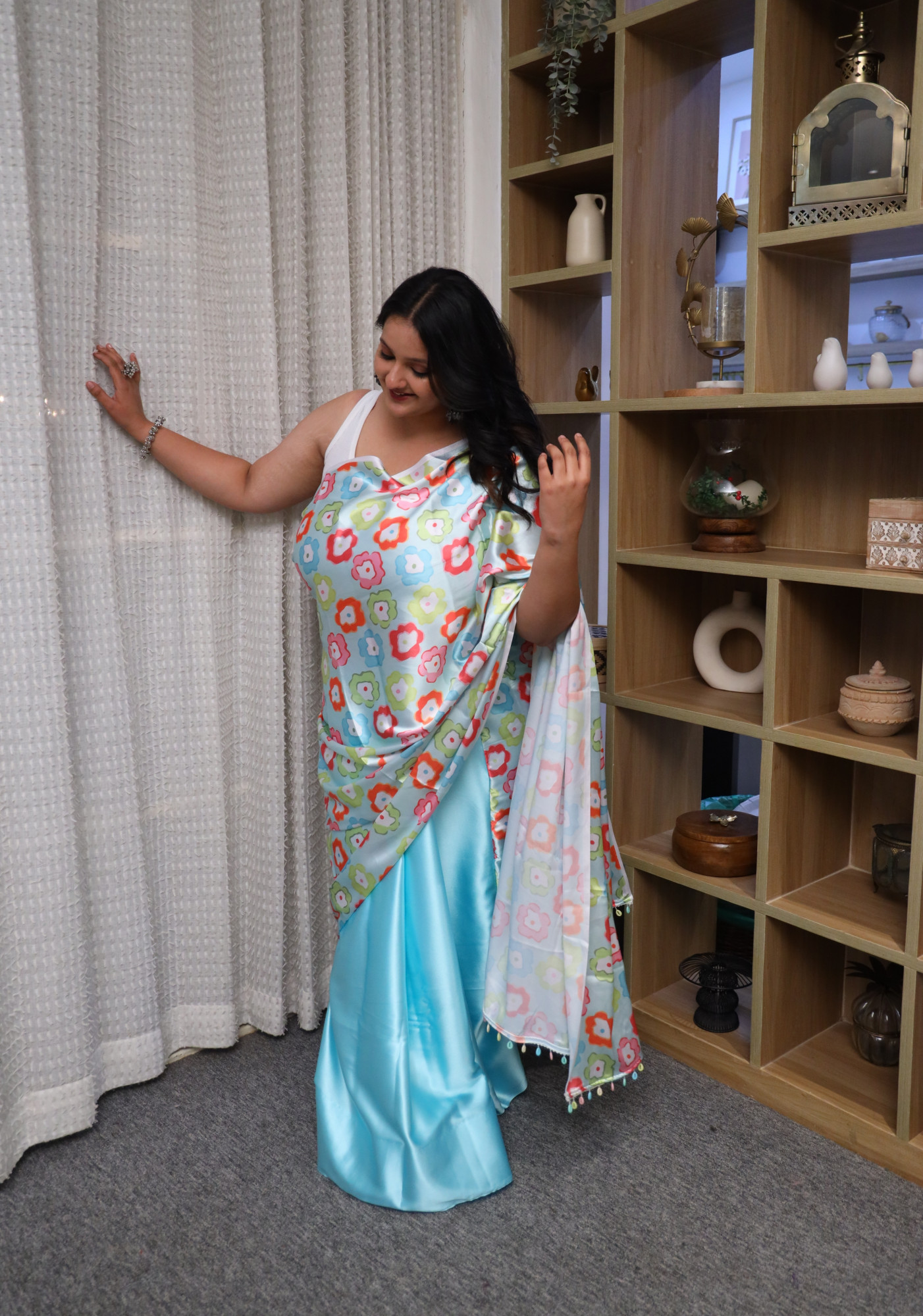 Colourful Floral Sky Blue Plus Size Satin Saree