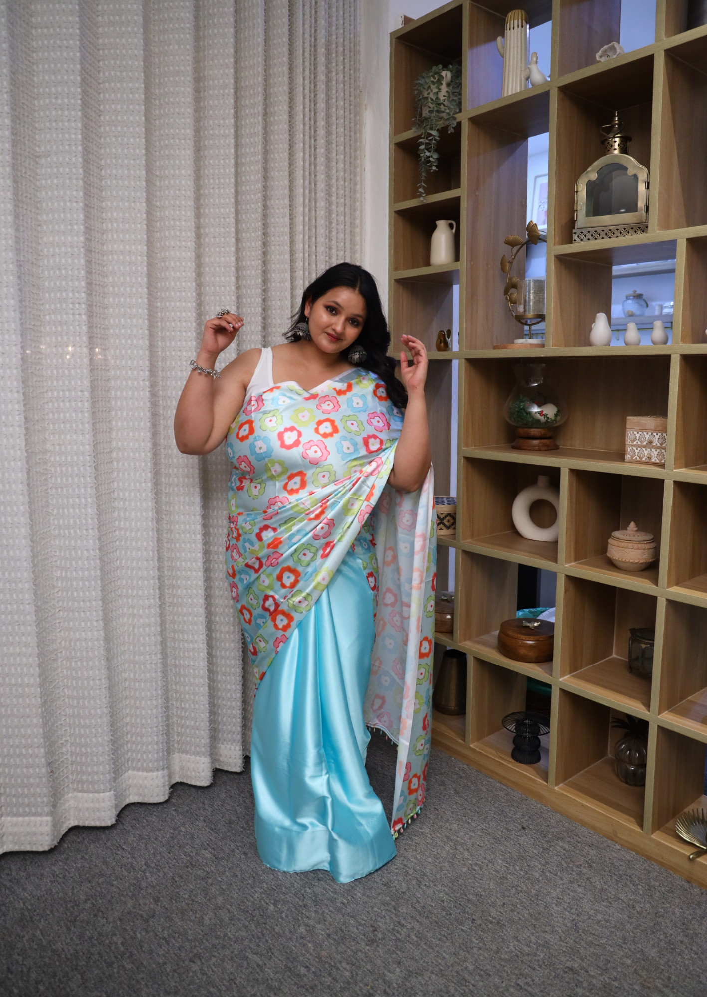 Colourful Floral Sky Blue Plus Size Satin Saree