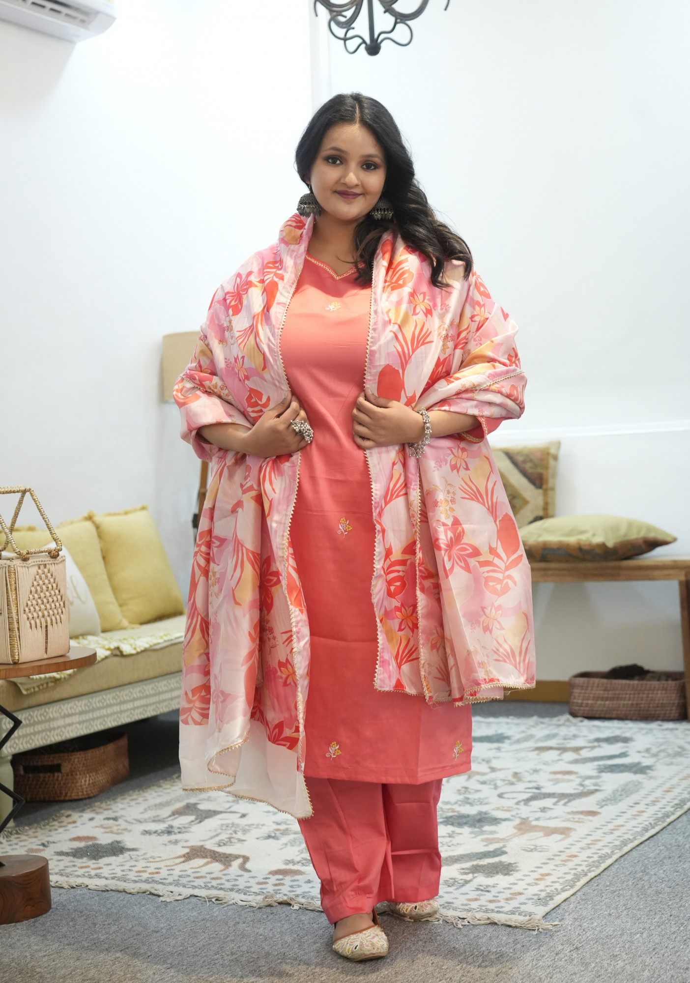 Peach Passion Embroidered Suit Set