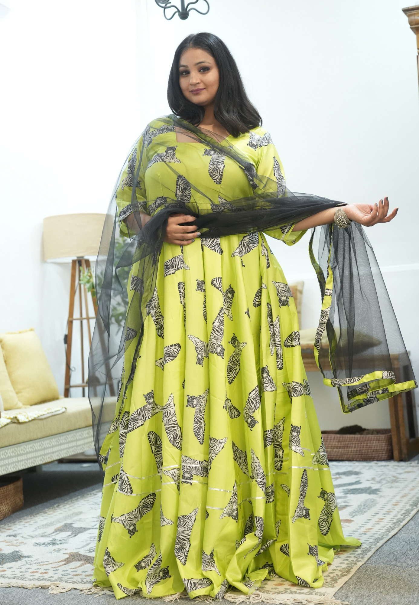 Lime and Black Animal Silk Anarkali Set