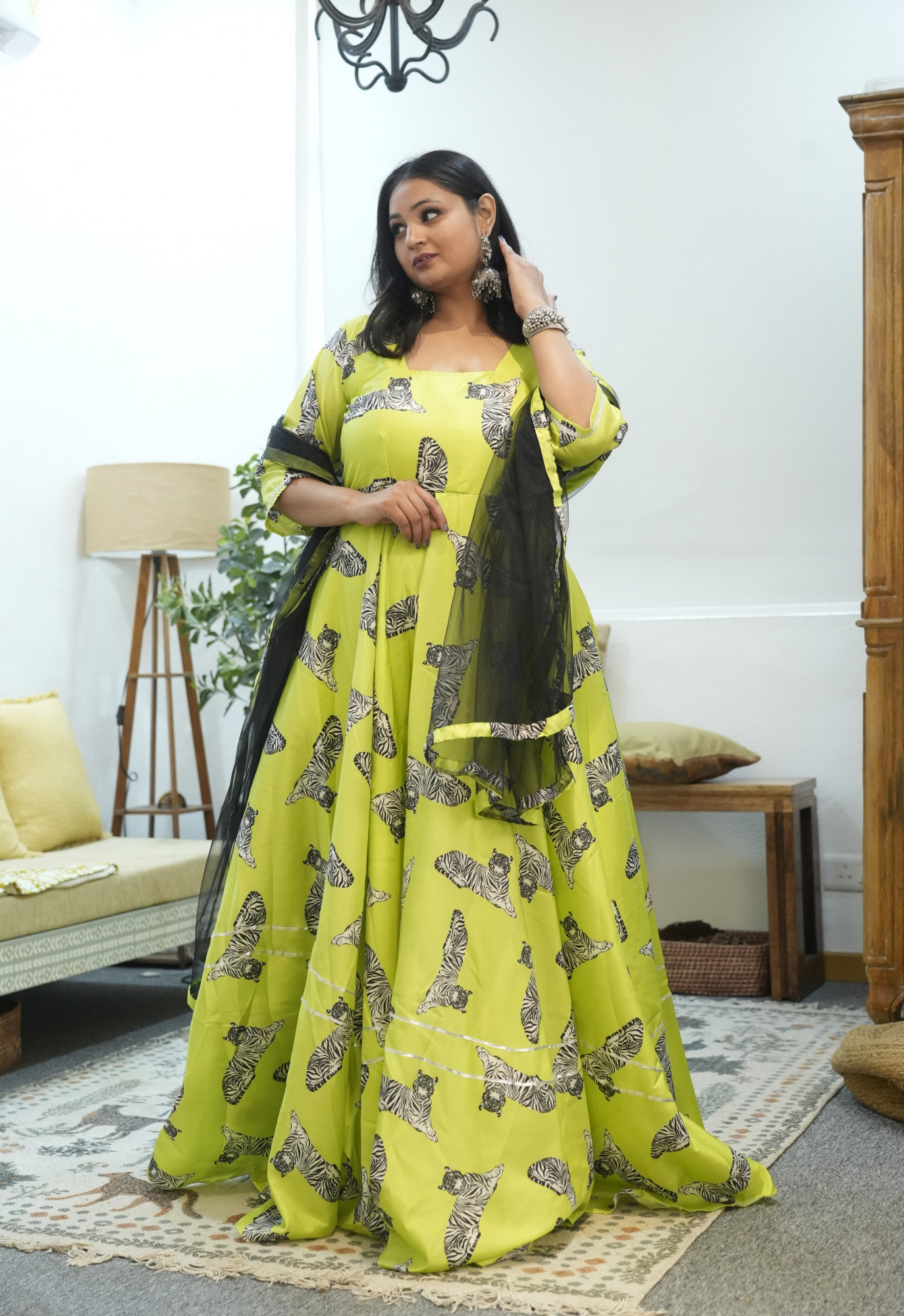 Lime and Black Animal Silk Anarkali Set