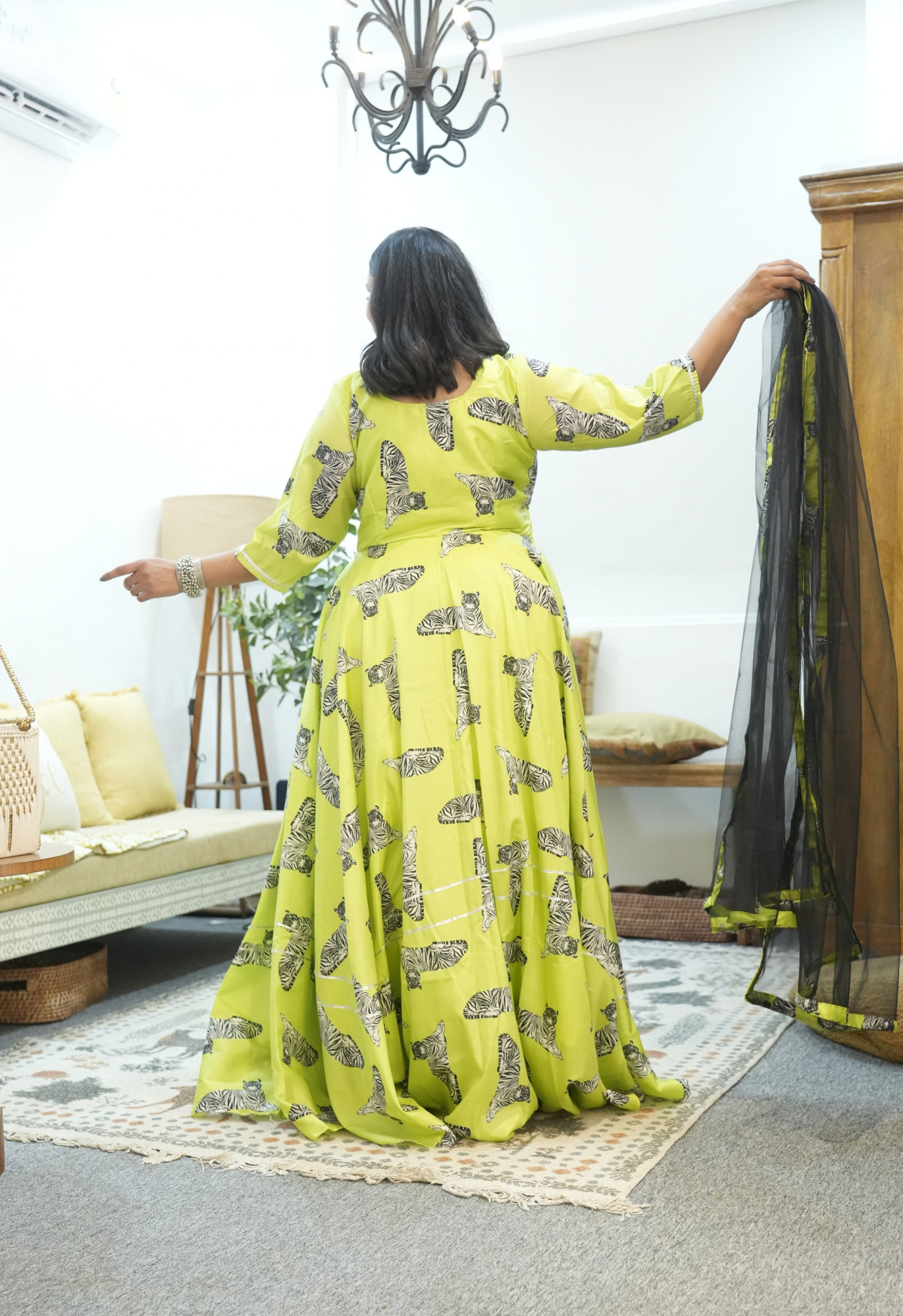 Lime and Black Animal Silk Anarkali Set