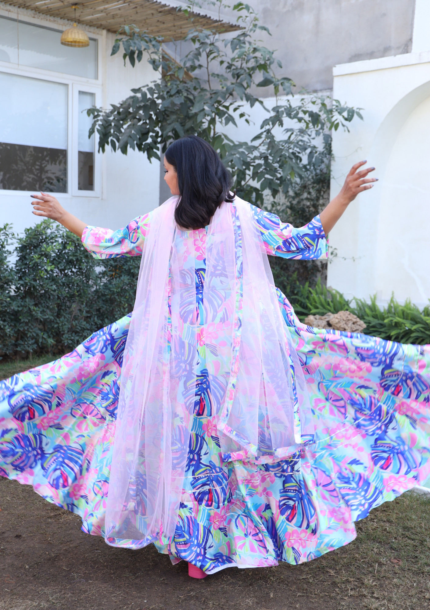 Bold Leaf Silk Anarkali Set