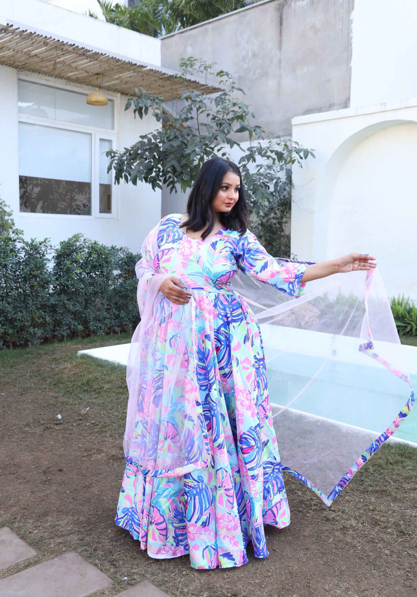 Bold Leaf Silk Anarkali Set