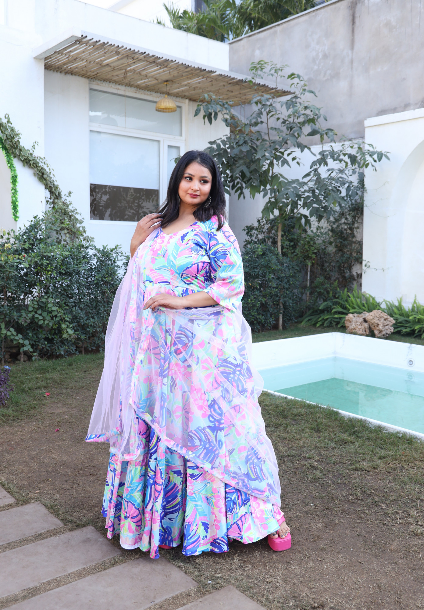 Bold Leaf Silk Anarkali Set