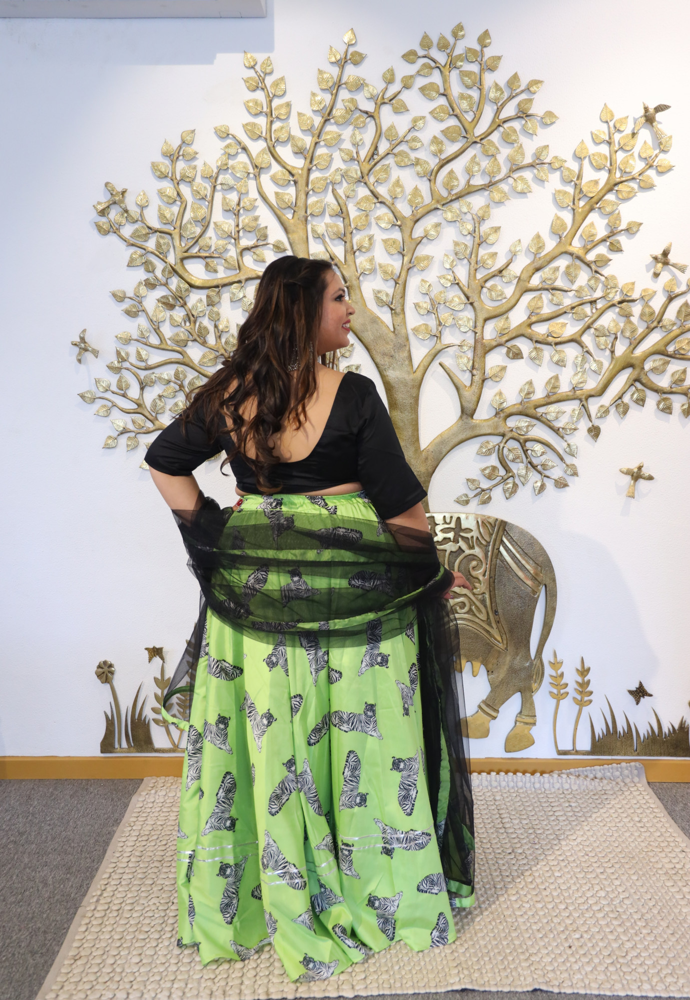 Black and Green Animal Printed Silk Lehenga Set