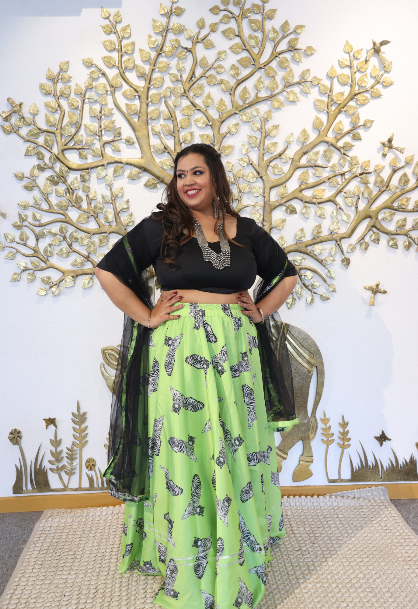 Black and Green Animal Printed Silk Lehenga Set