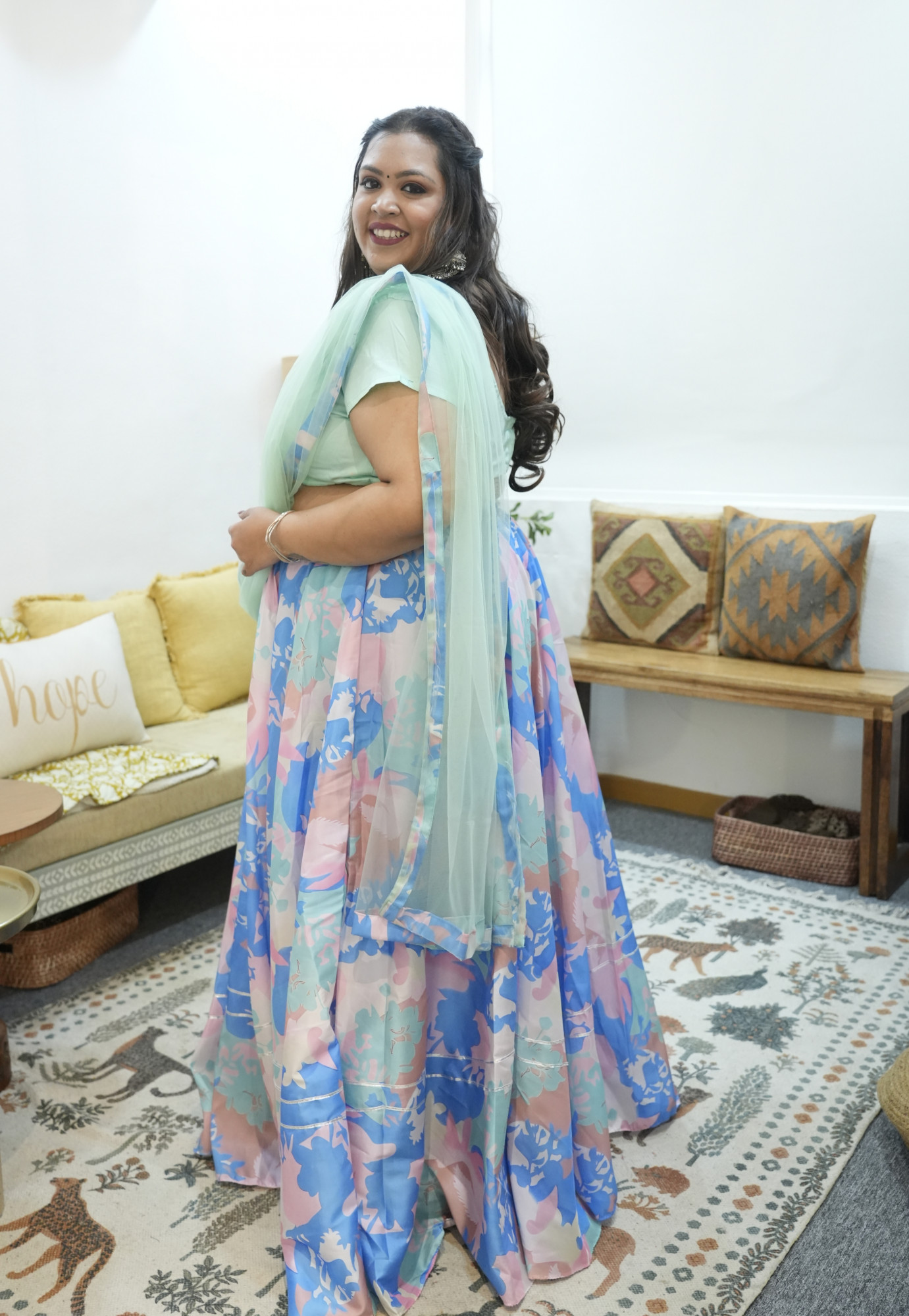 Shades Of Blue Abstract Printed Silk Lehenga Set