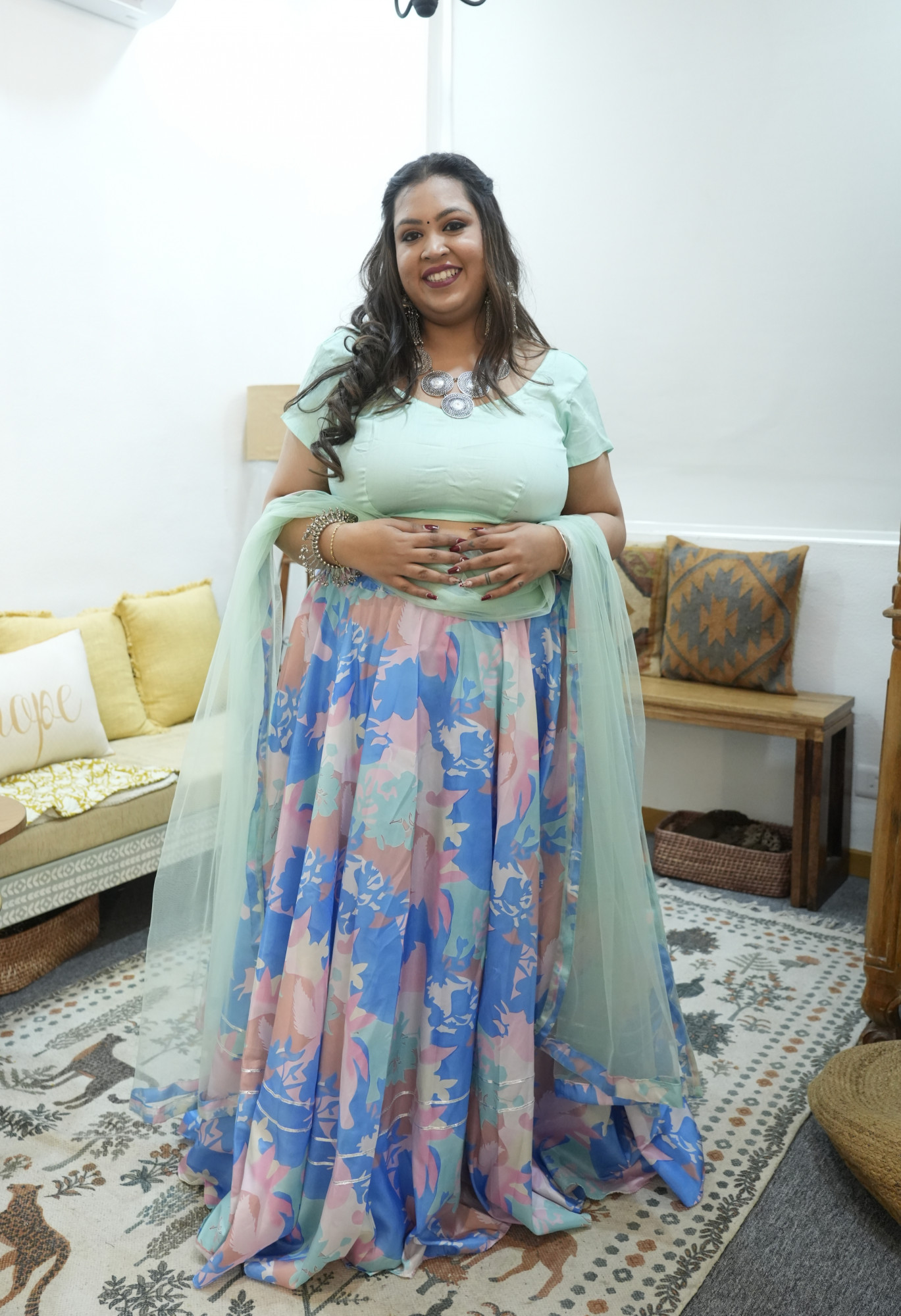 Shades Of Blue Abstract Printed Silk Lehenga Set