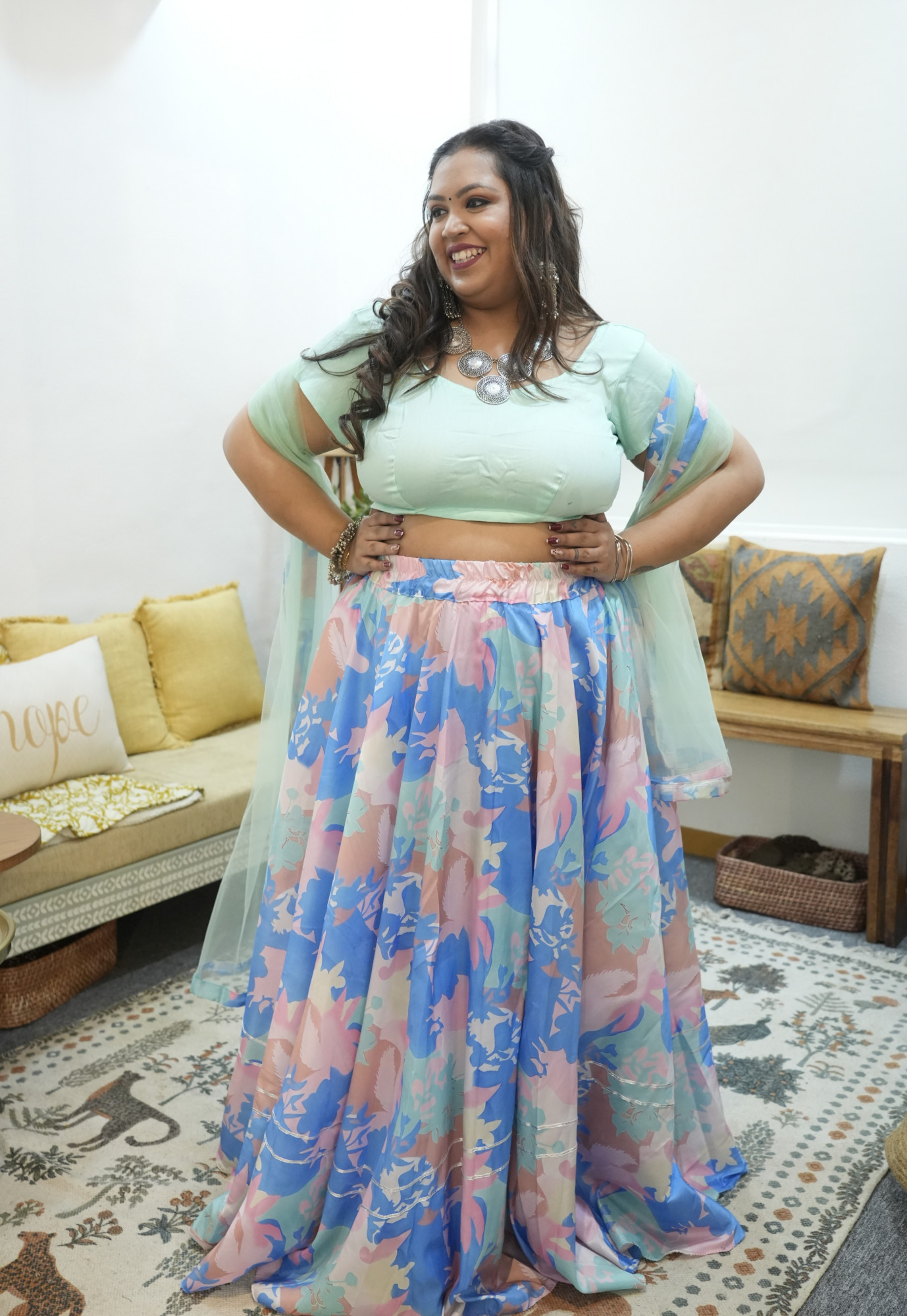 Shades Of Blue Abstract Printed Silk Lehenga Set