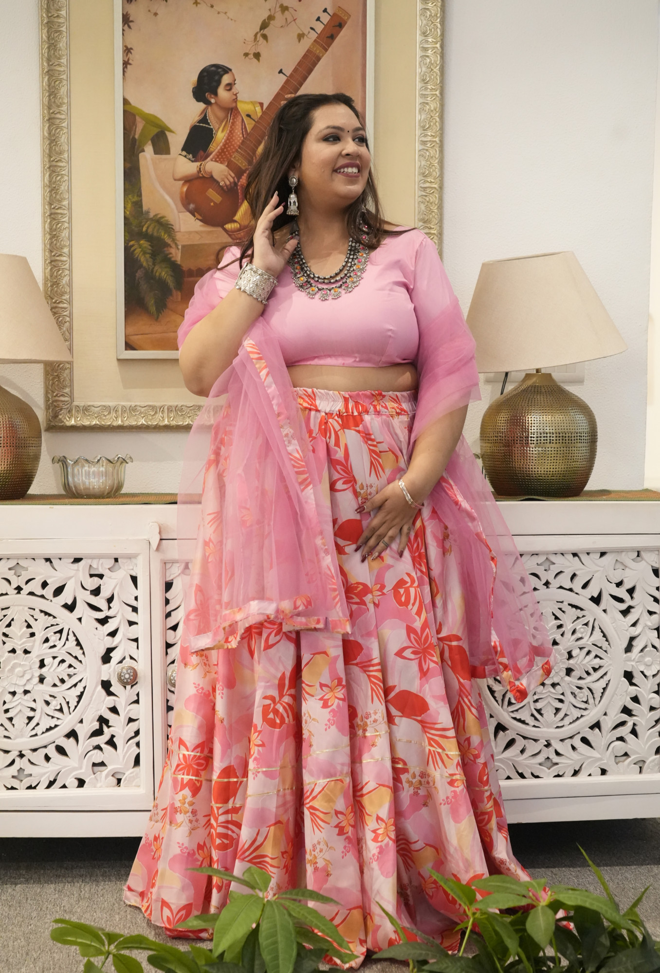 Peachy Leafy Printed Silk Lehenga Set