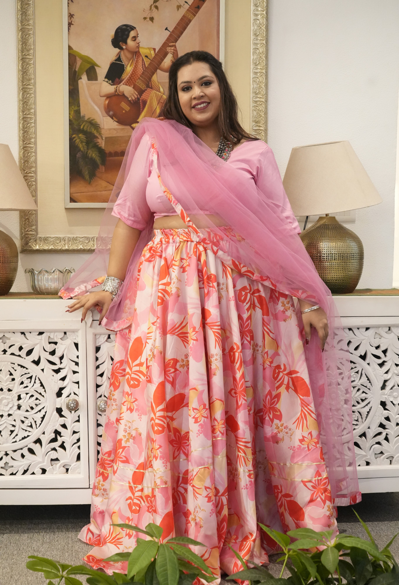 Peachy Leafy Printed Silk Lehenga Set