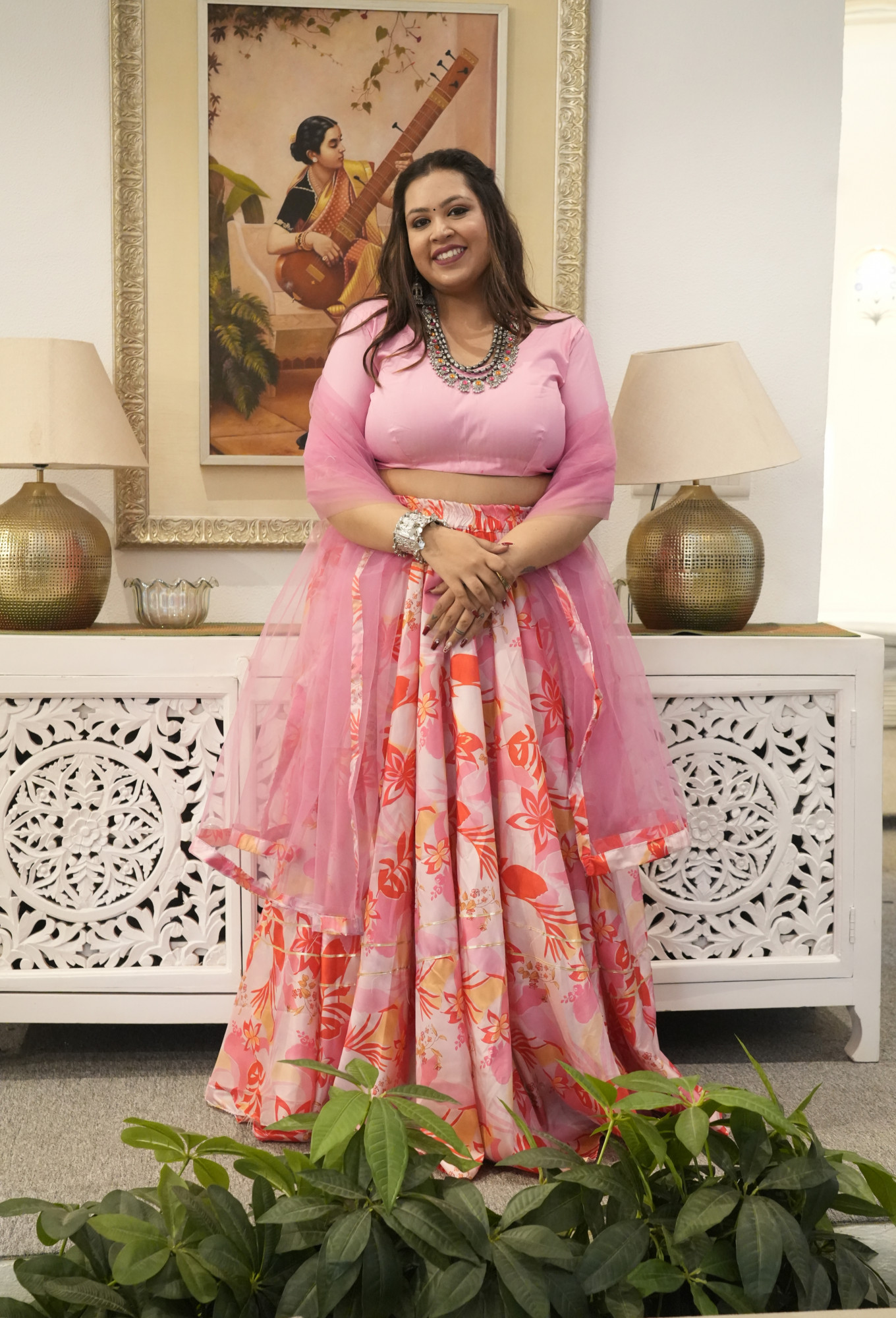 Peachy Leafy Printed Silk Lehenga Set