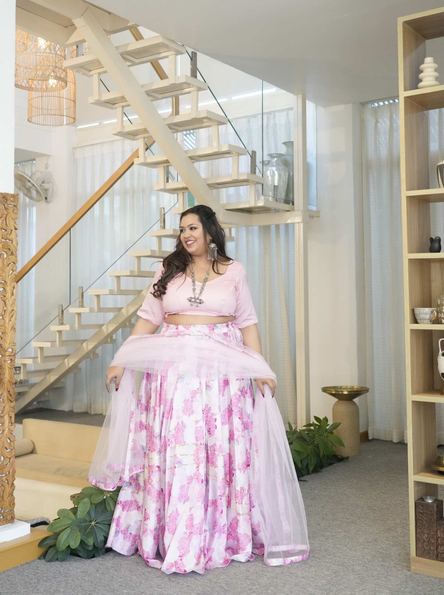 Shades Of Pink Rose Printed Silk Lehenga Set