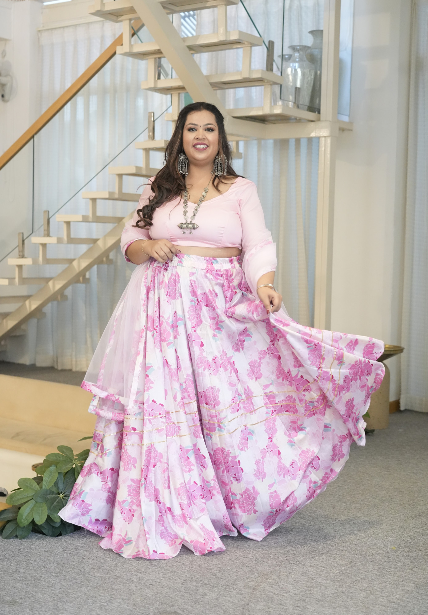 Shades Of Pink Rose Printed Silk Lehenga Set