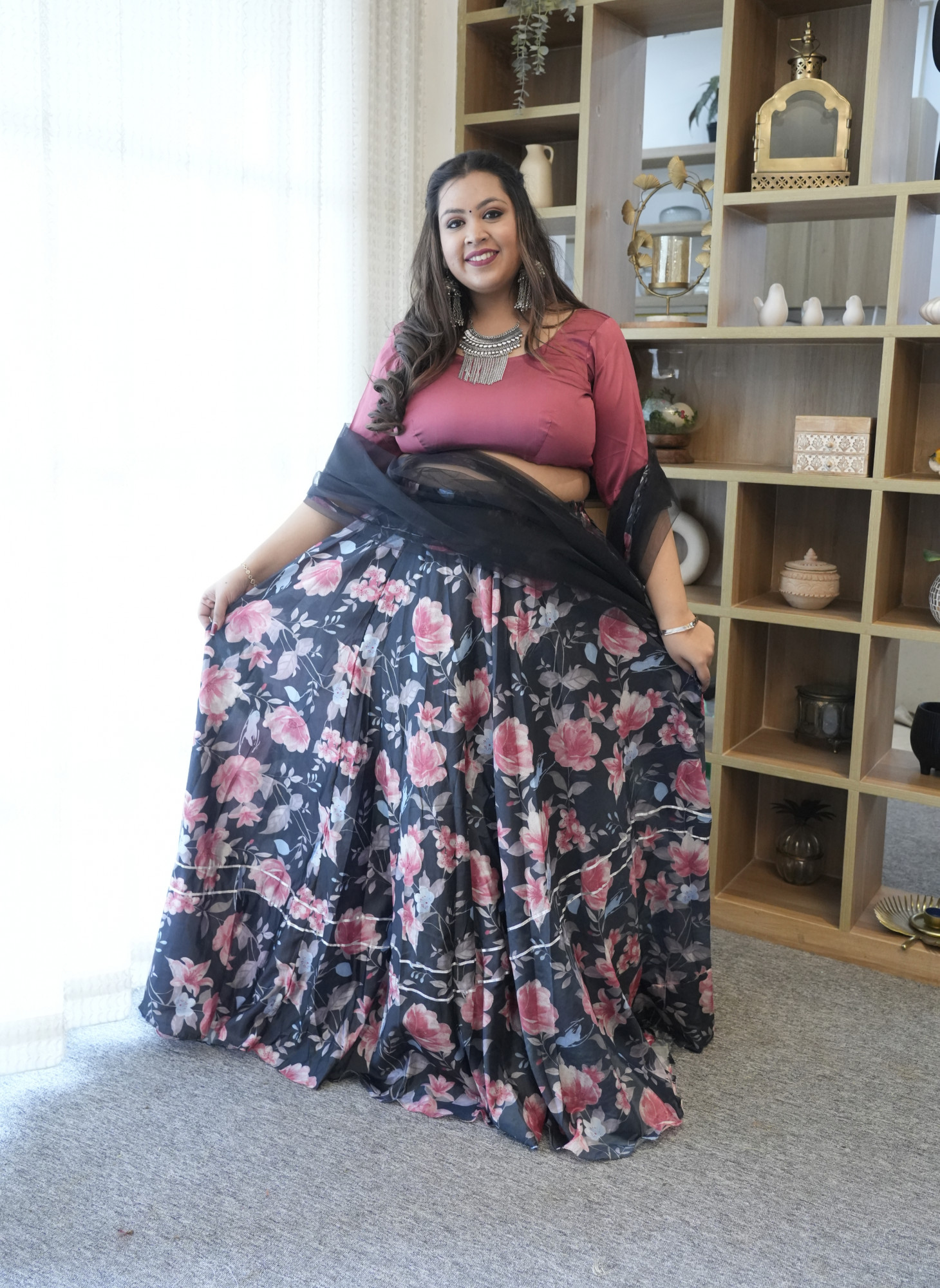 Black Floral Silk Lehenga Set