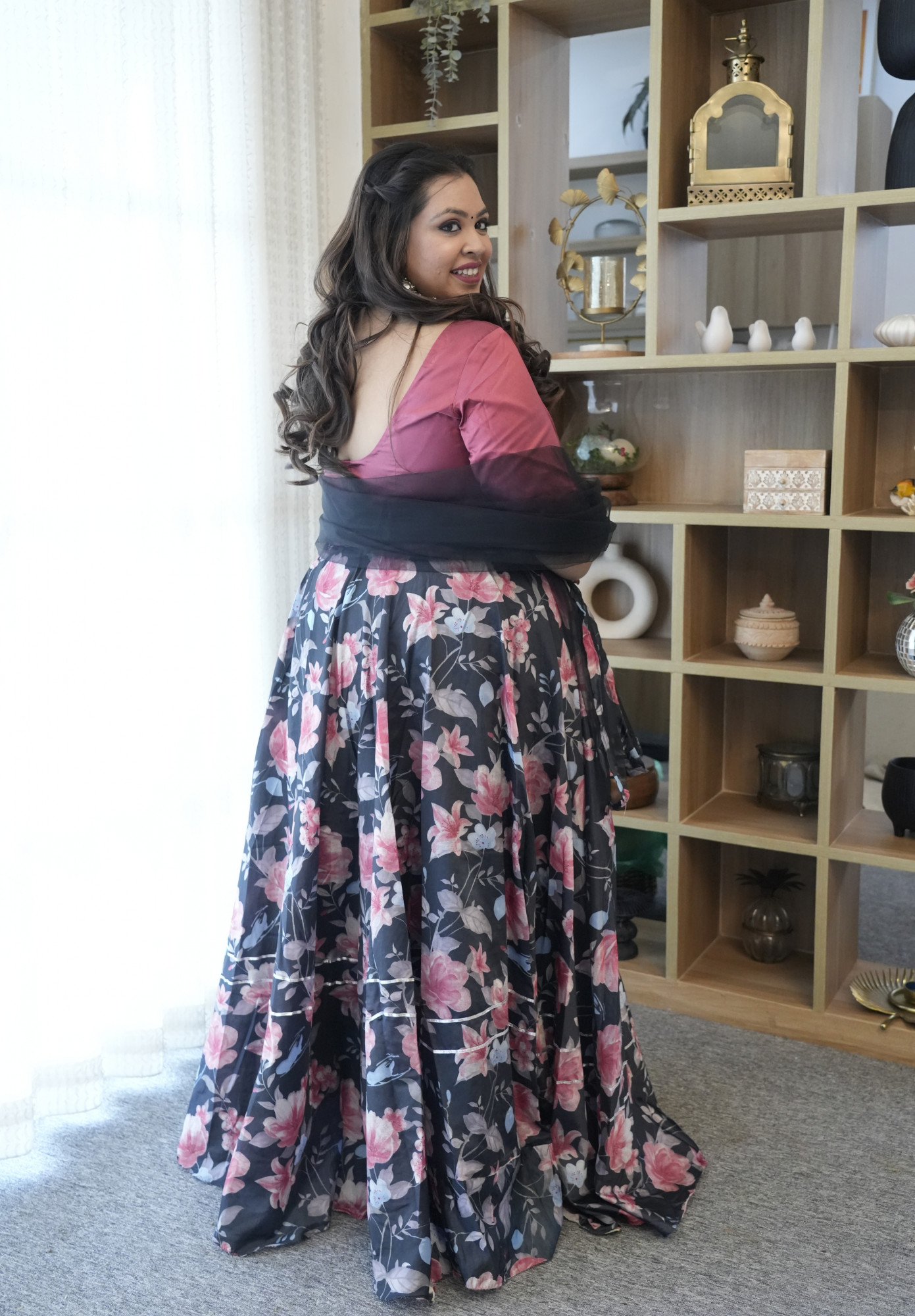 Black Floral Silk Lehenga Set