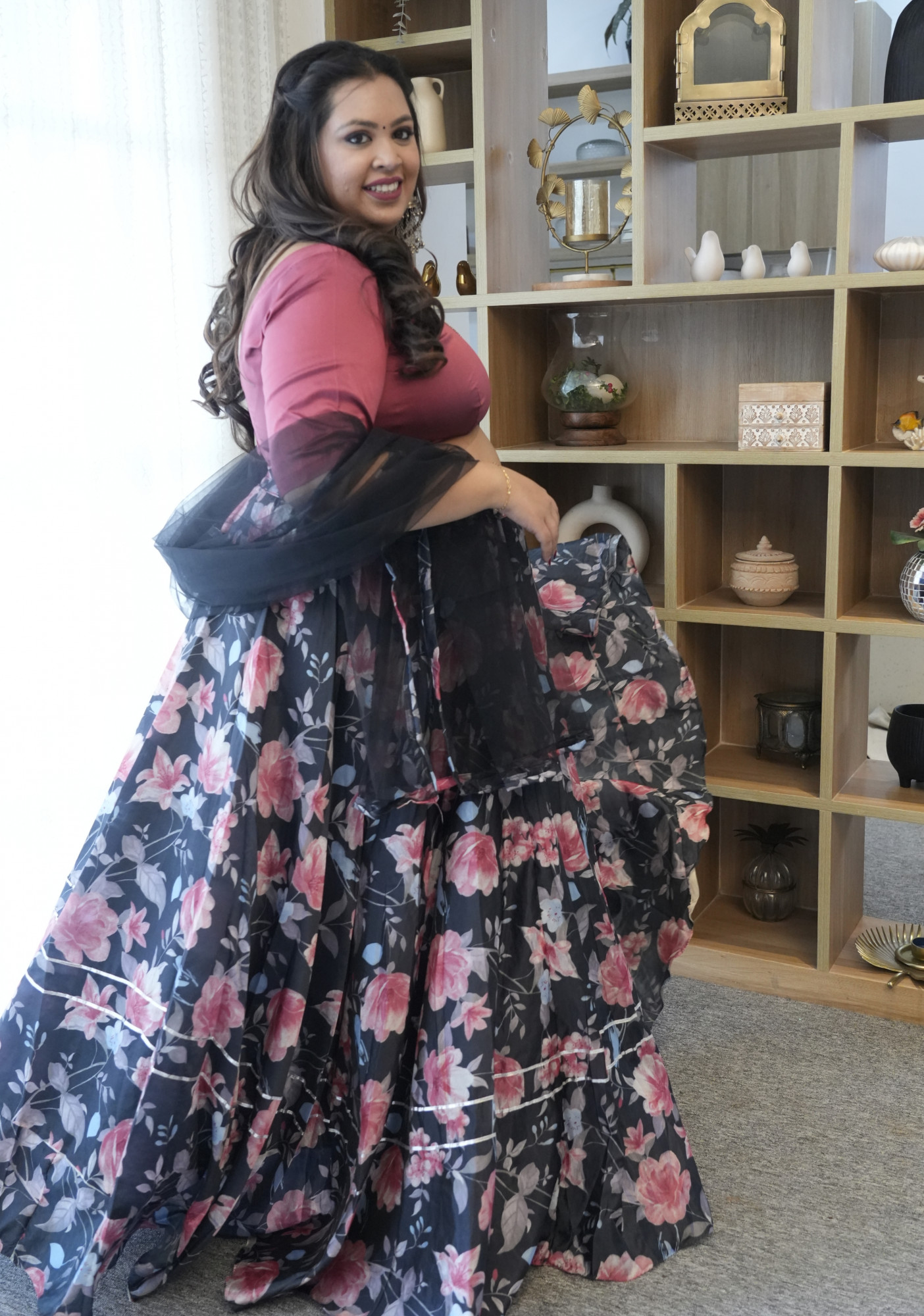 Black Floral Silk Lehenga Set