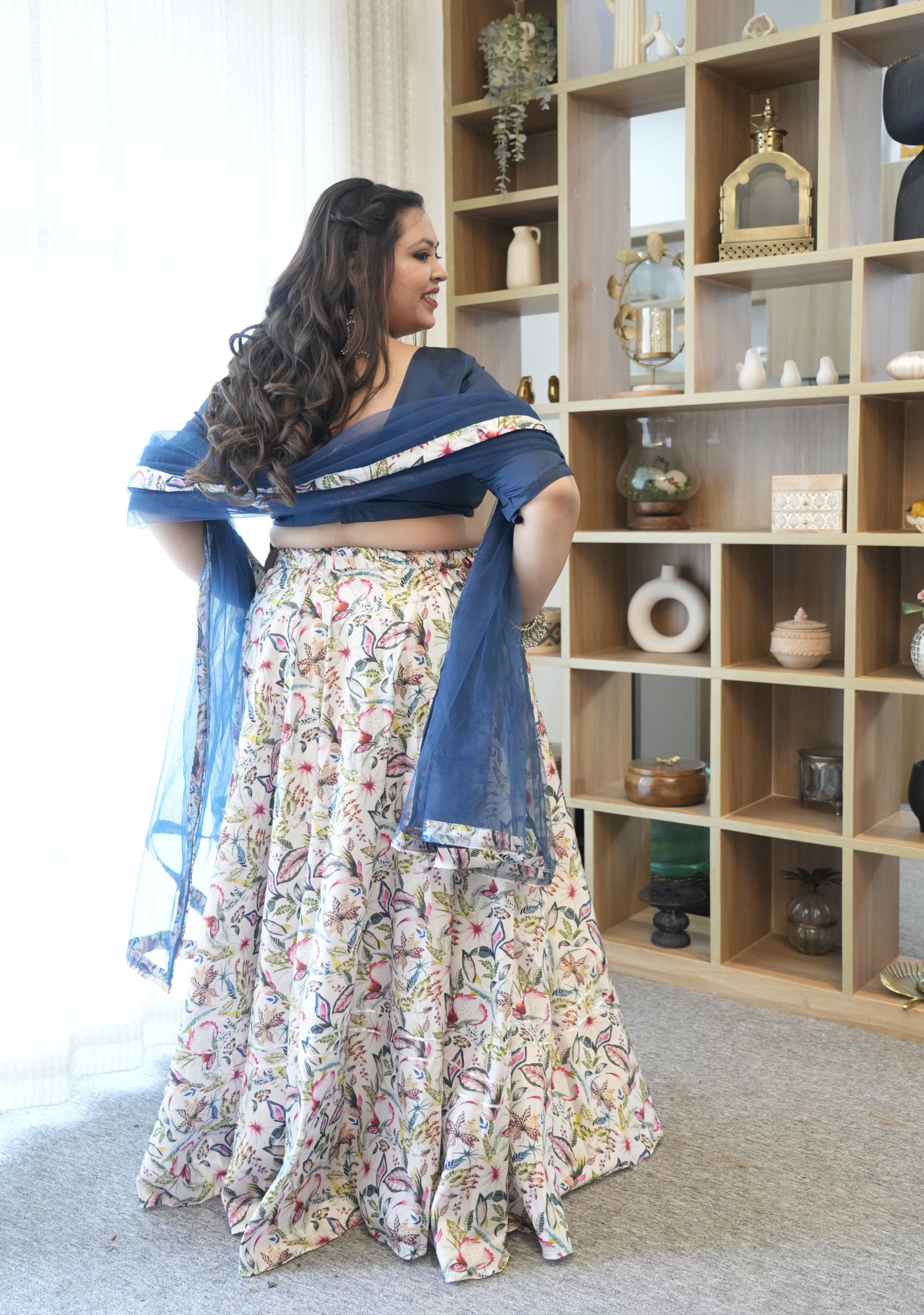 Teal Floral Twist Silk Lehenga Set