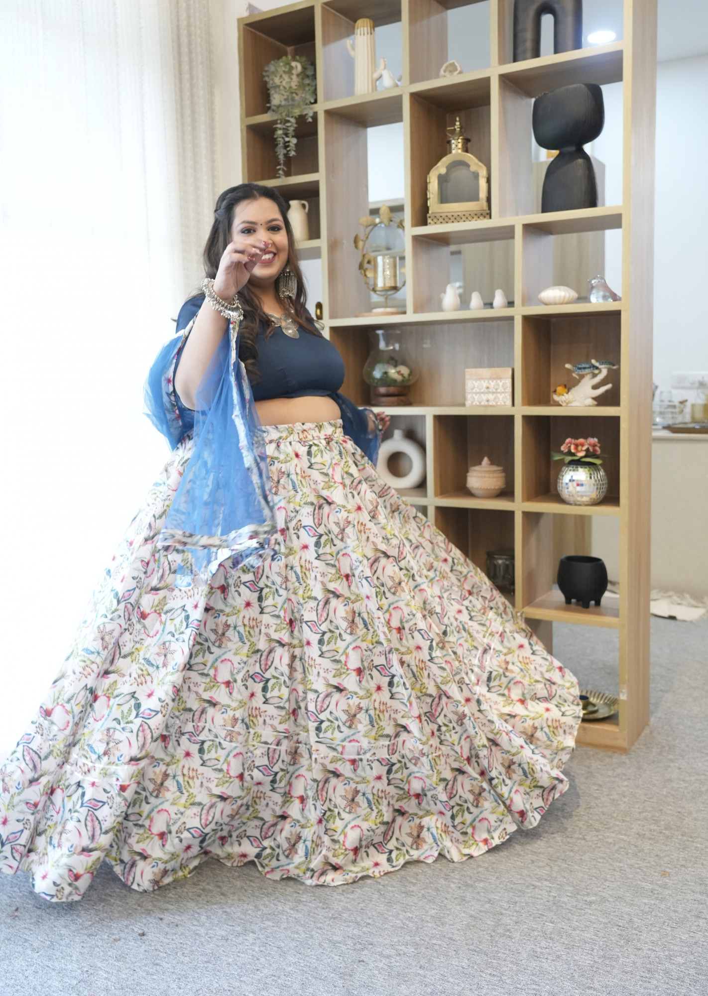 Teal Floral Twist Silk Lehenga Set