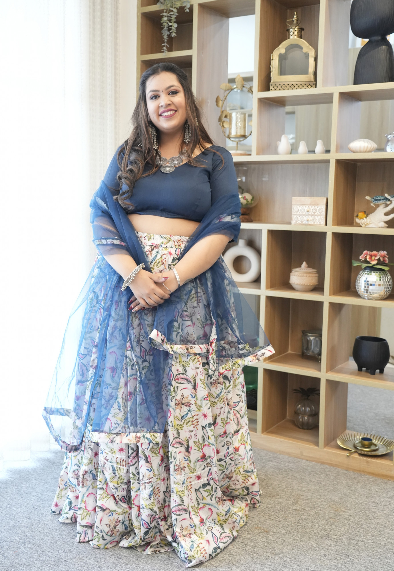 Teal Floral Twist Silk Lehenga Set