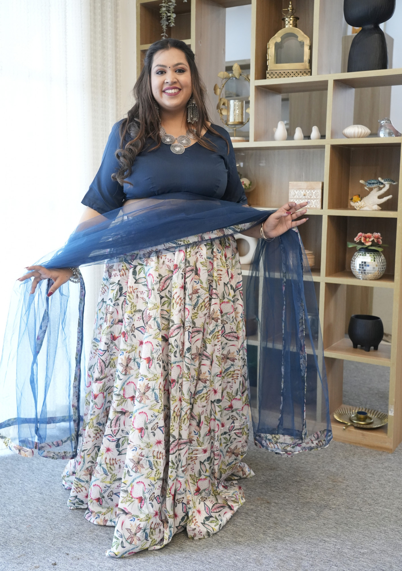 Teal Floral Twist Silk Lehenga Set