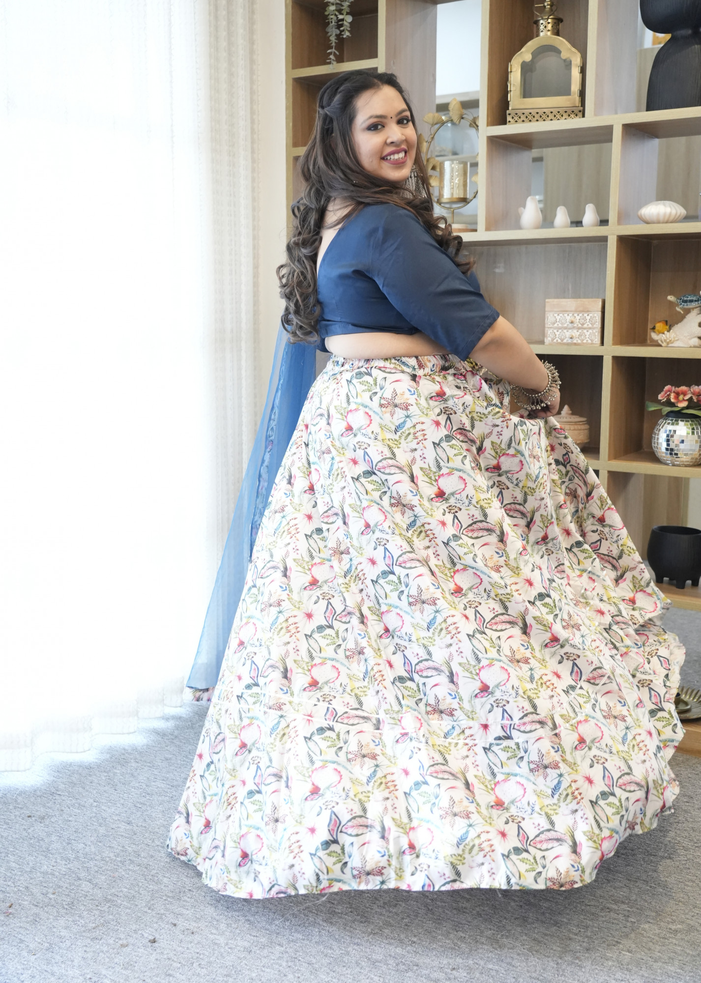 Teal Floral Twist Silk Lehenga Set