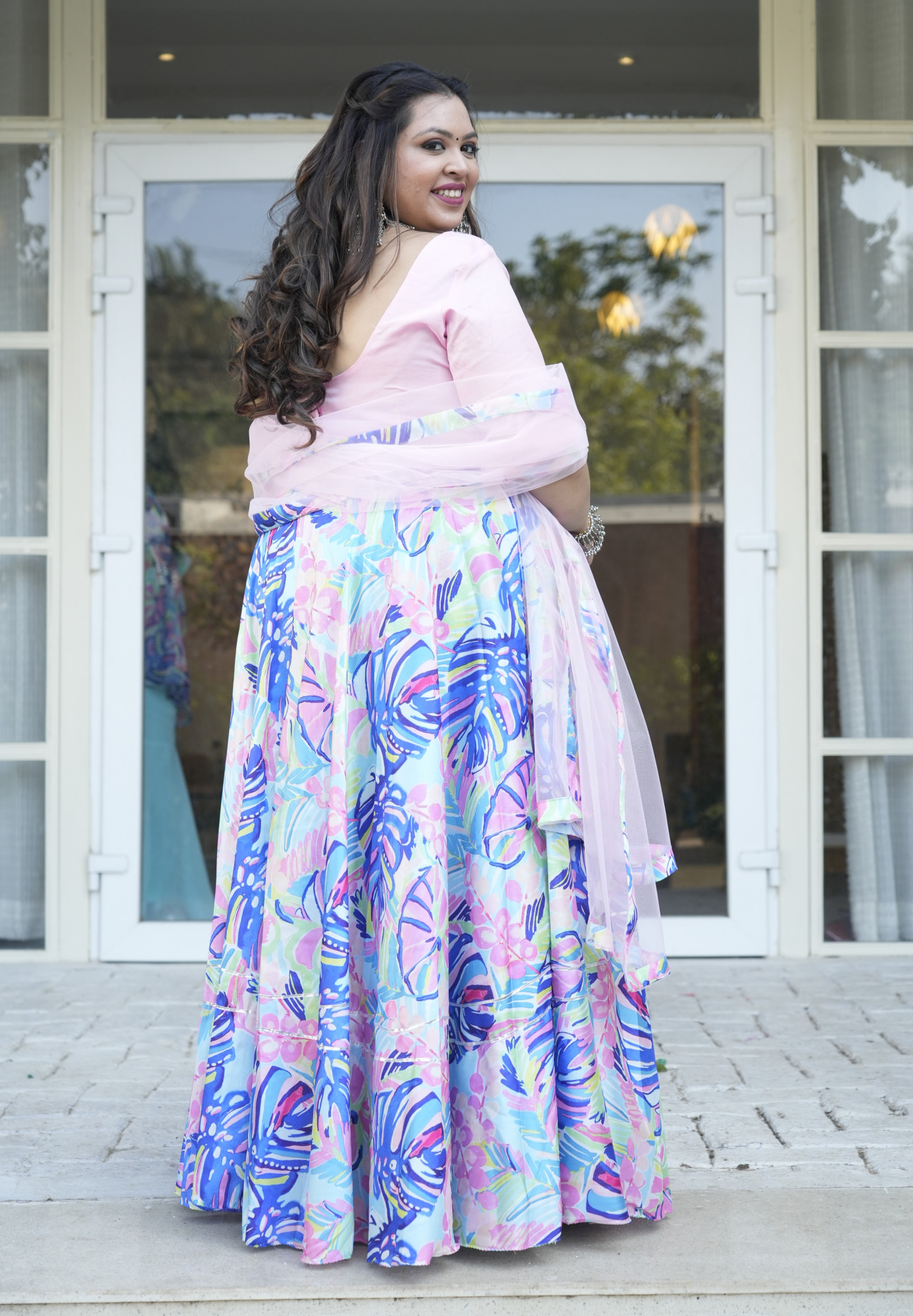 Bold Pastel Leaf Silk Lehenga Set