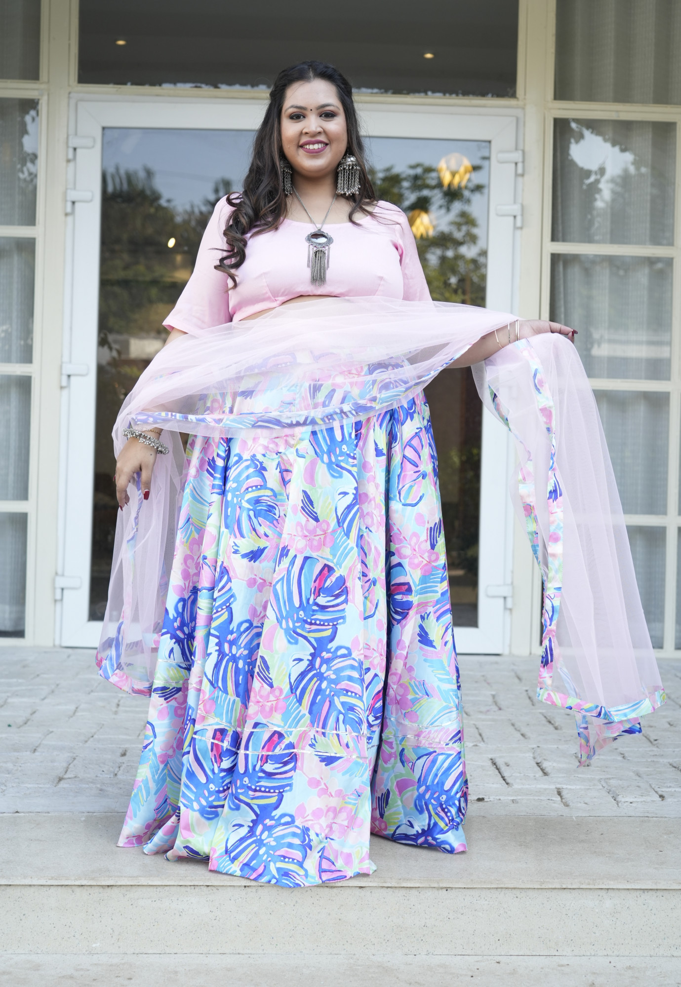 Bold Pastel Leaf Silk Lehenga Set