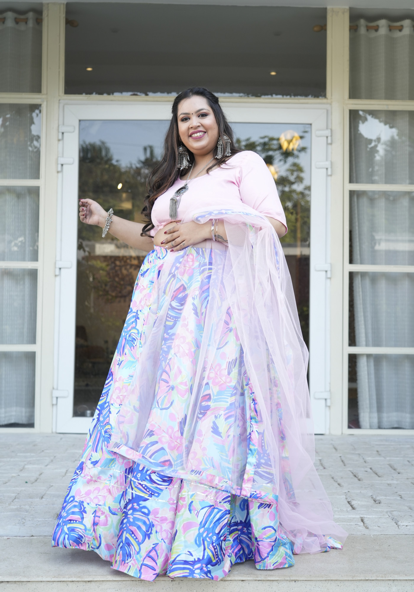 Bold Pastel Leaf Silk Lehenga Set