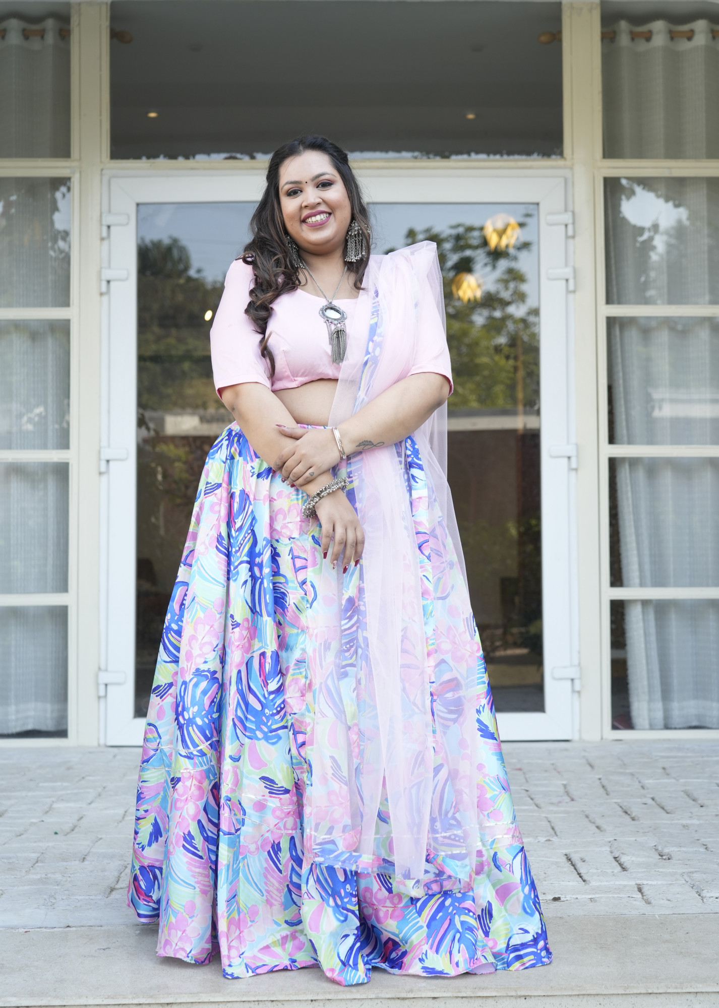 Bold Pastel Leaf Silk Lehenga Set