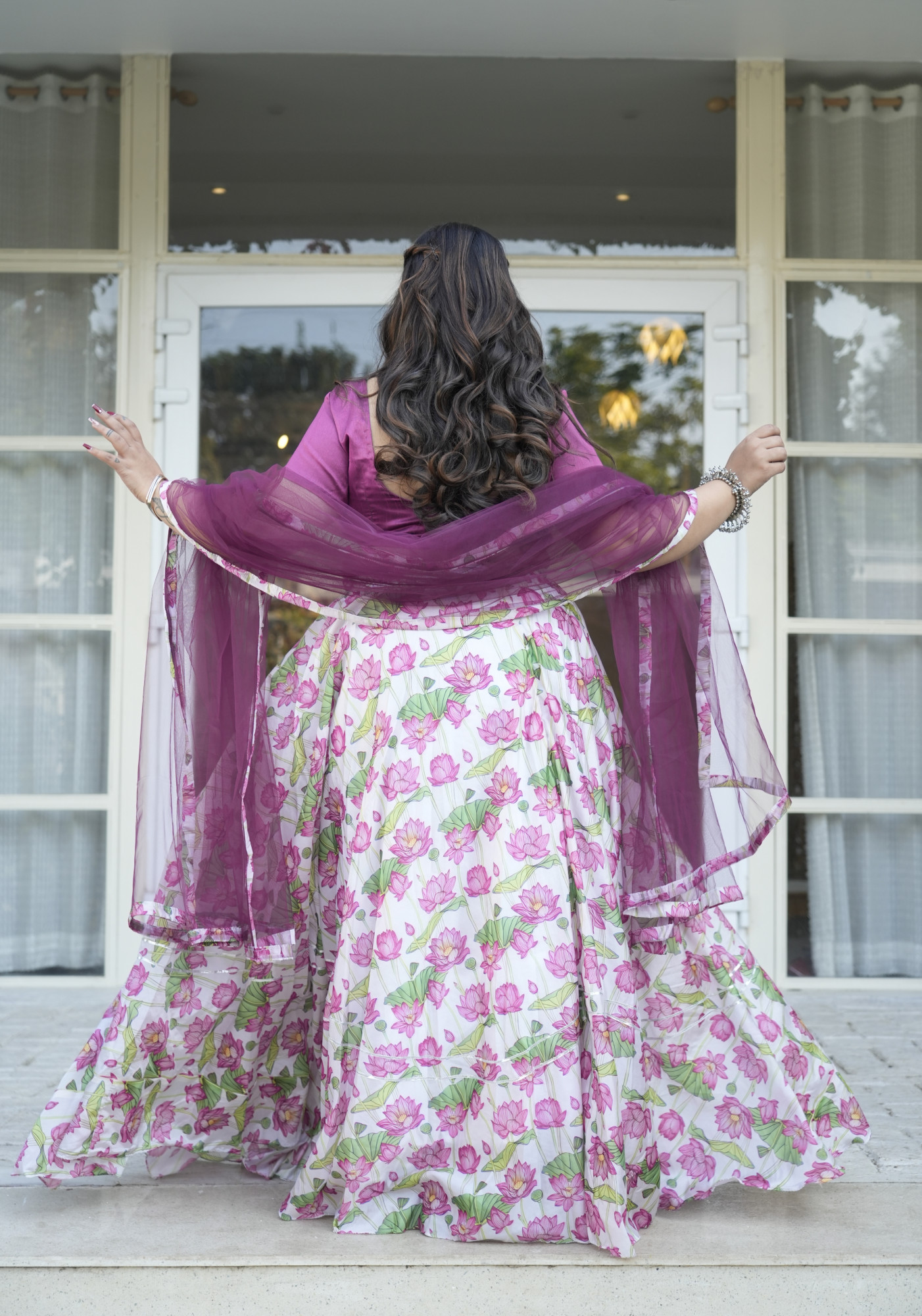 White and Wine Lotus Silk Lehenga Set