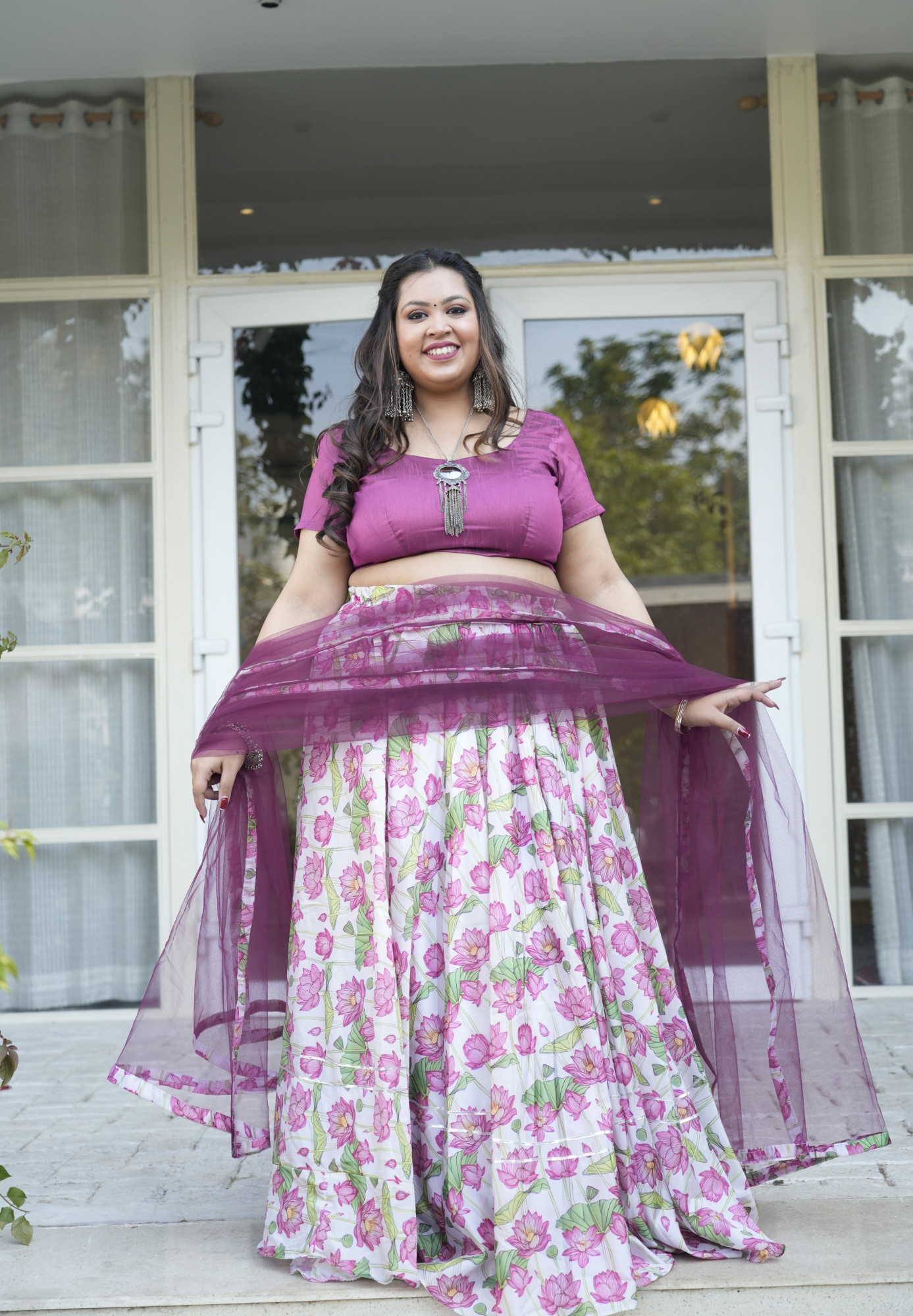 White and Wine Lotus Silk Lehenga Set