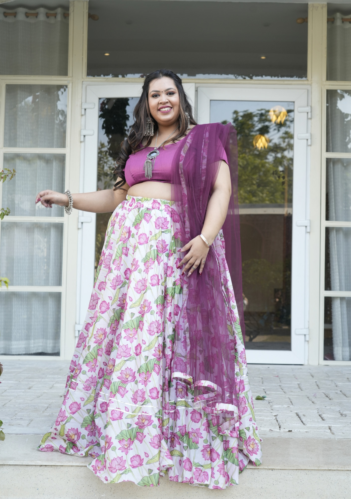 White and Wine Lotus Silk Lehenga Set