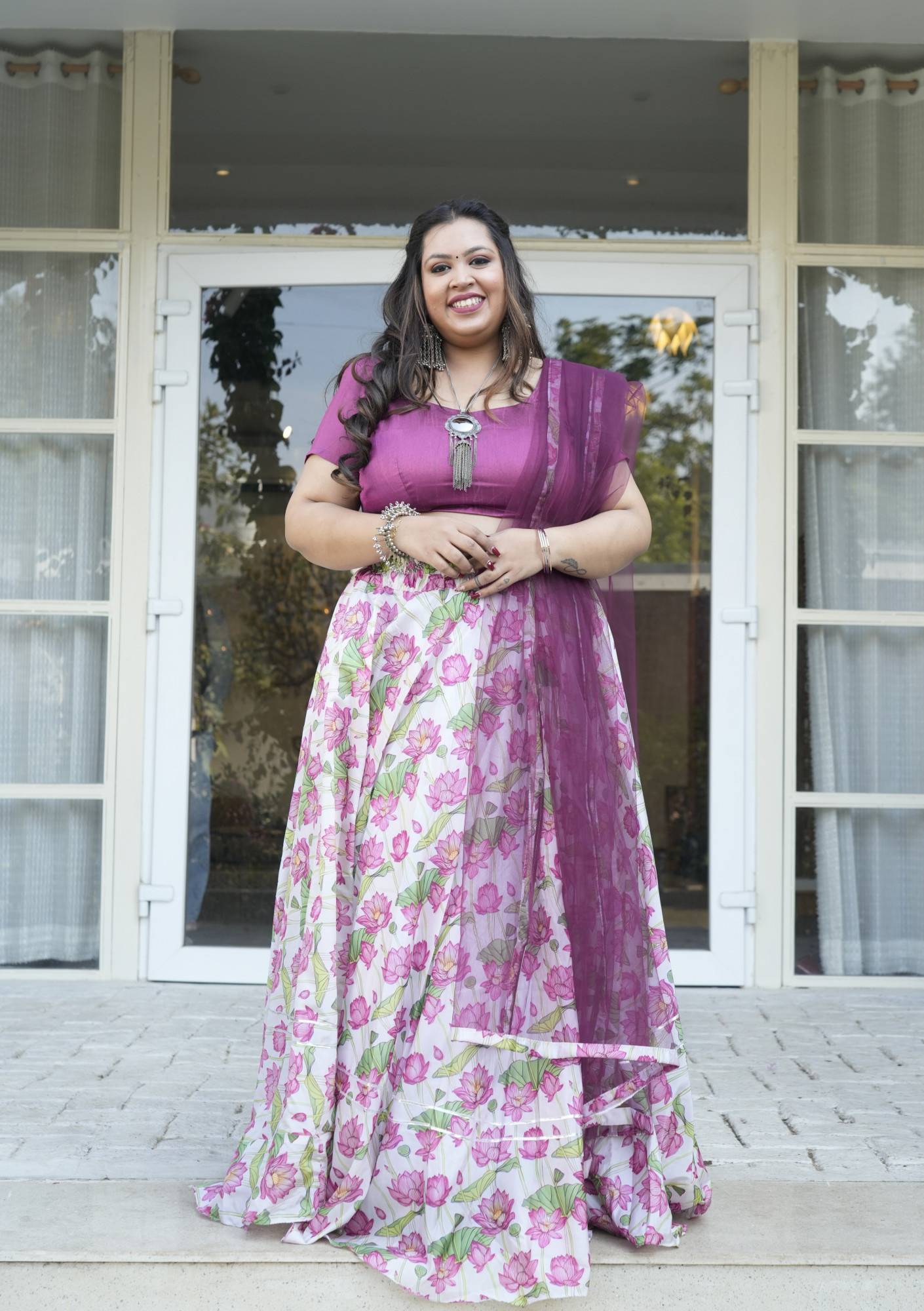 White and Wine Lotus Silk Lehenga Set