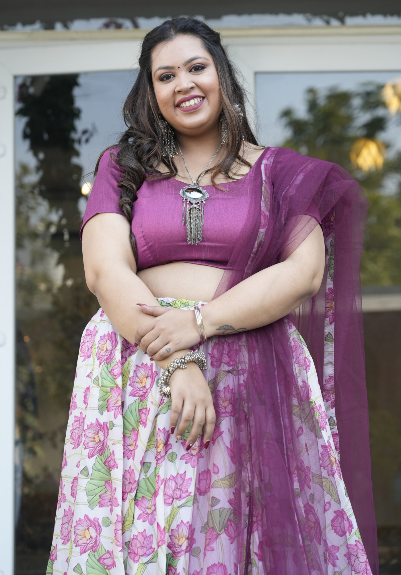 White and Wine Lotus Silk Lehenga Set